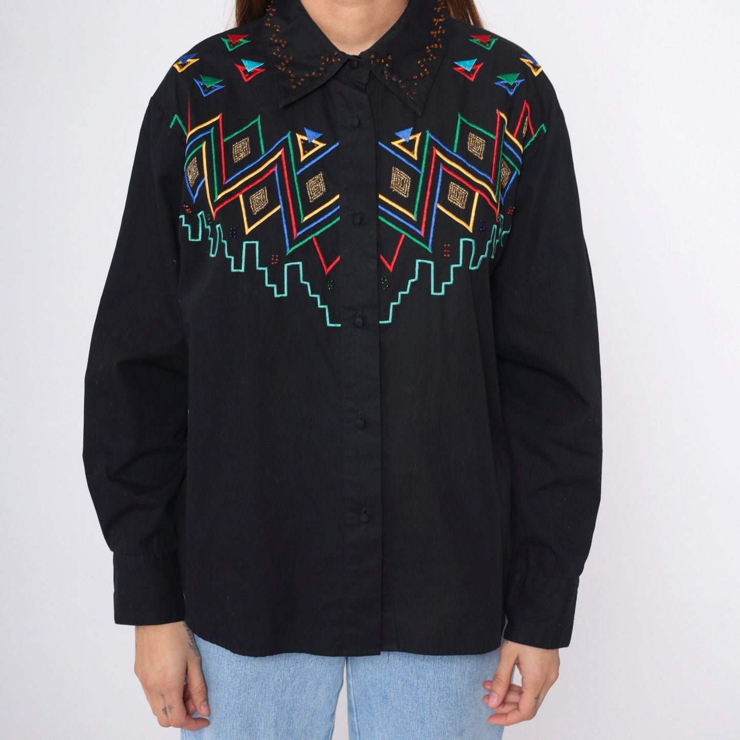90s Southwest Embroidered Beaded Black Cotton Button Up Blouse Large L