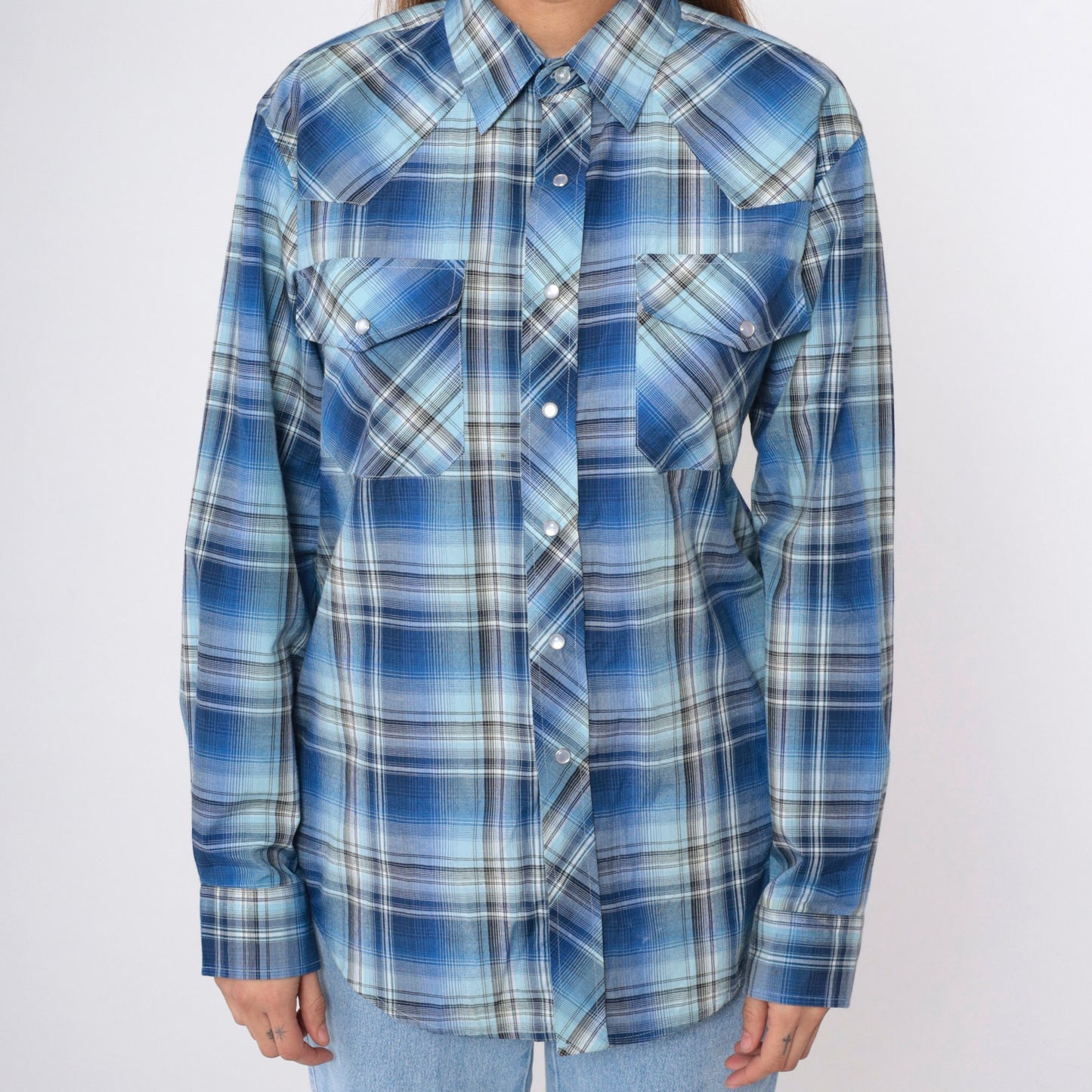 80s Haband Western Shirt Blue Plaid Pearl Snap Cowboy Small