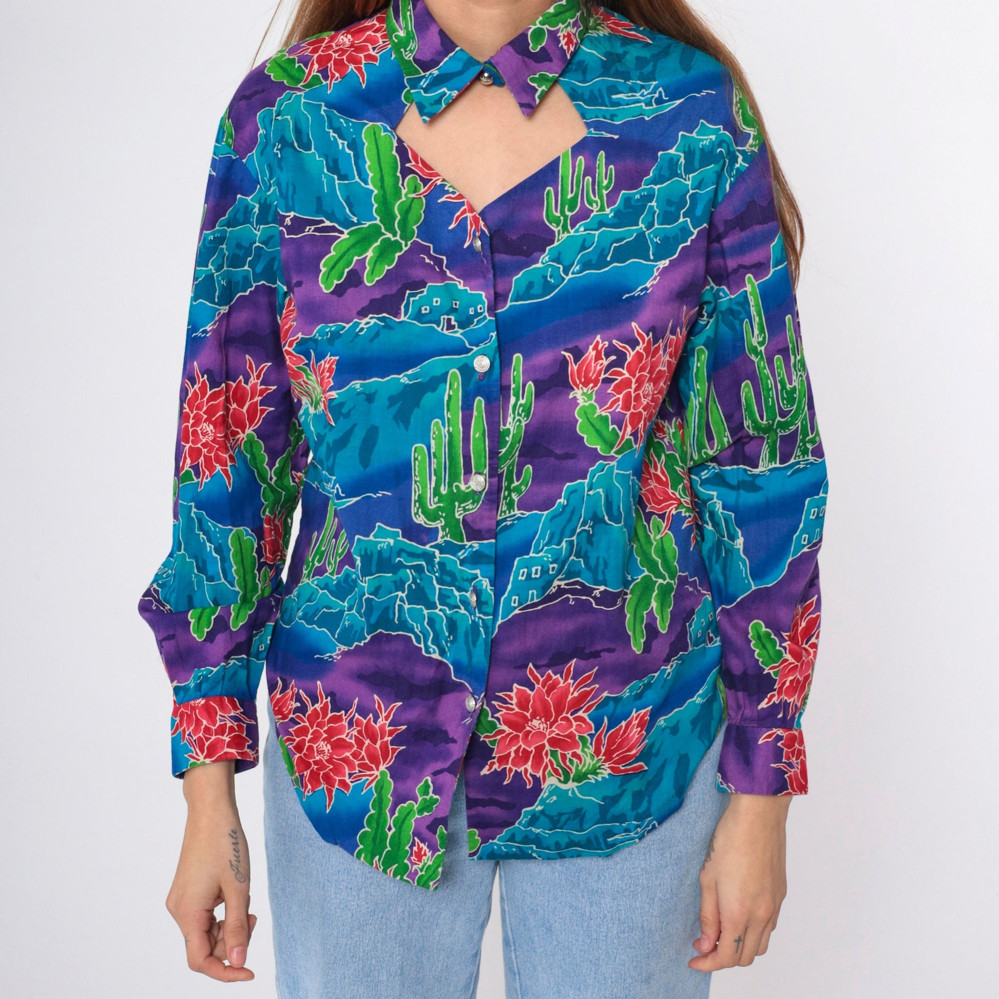 90s Southwestern Cactus Keyhole Blouse Button Up Long Sleeve Blue Purple Medium