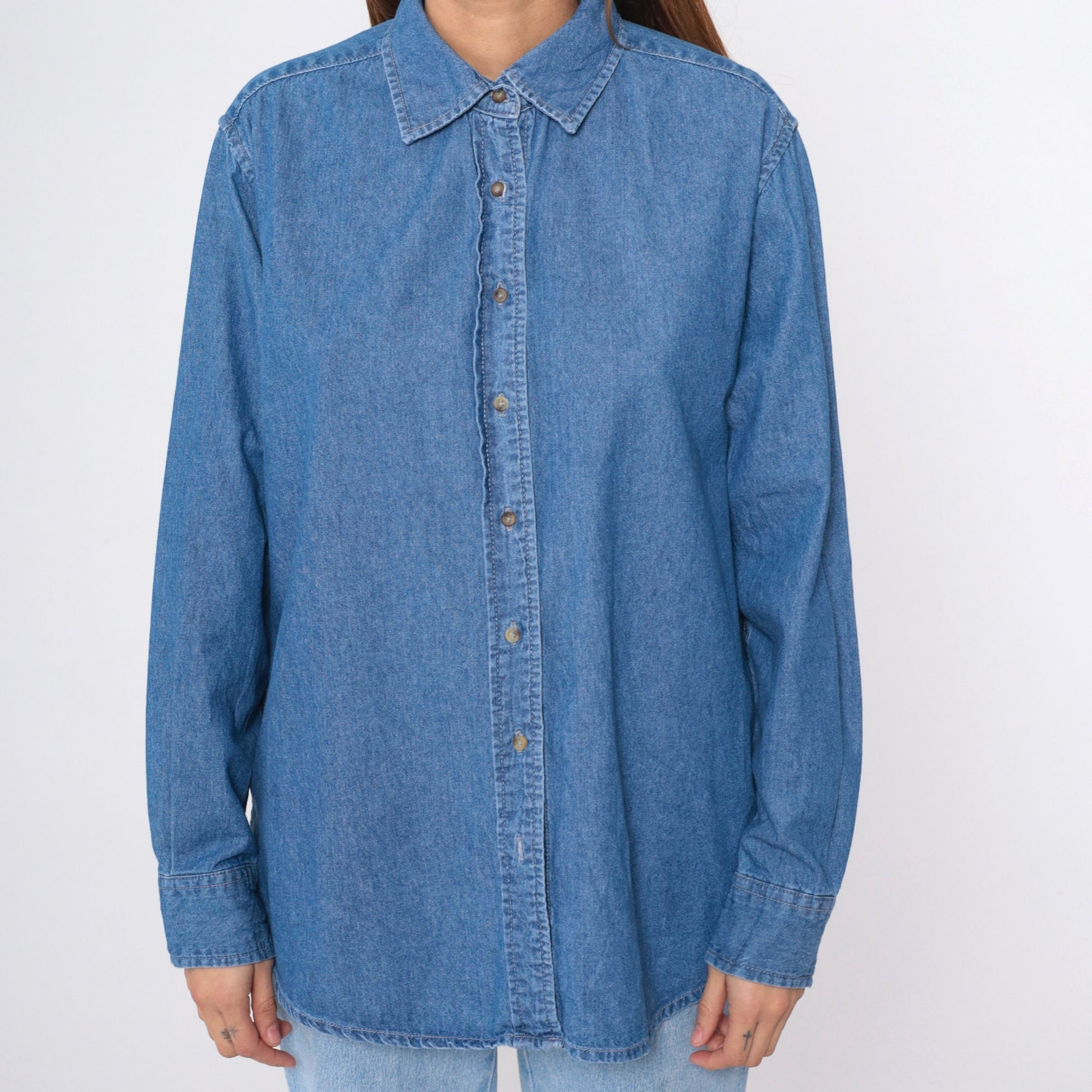 90s Vos Sports Blue Denim Button-Up Shirt Cotton Long Sleeve Extra Large XXL