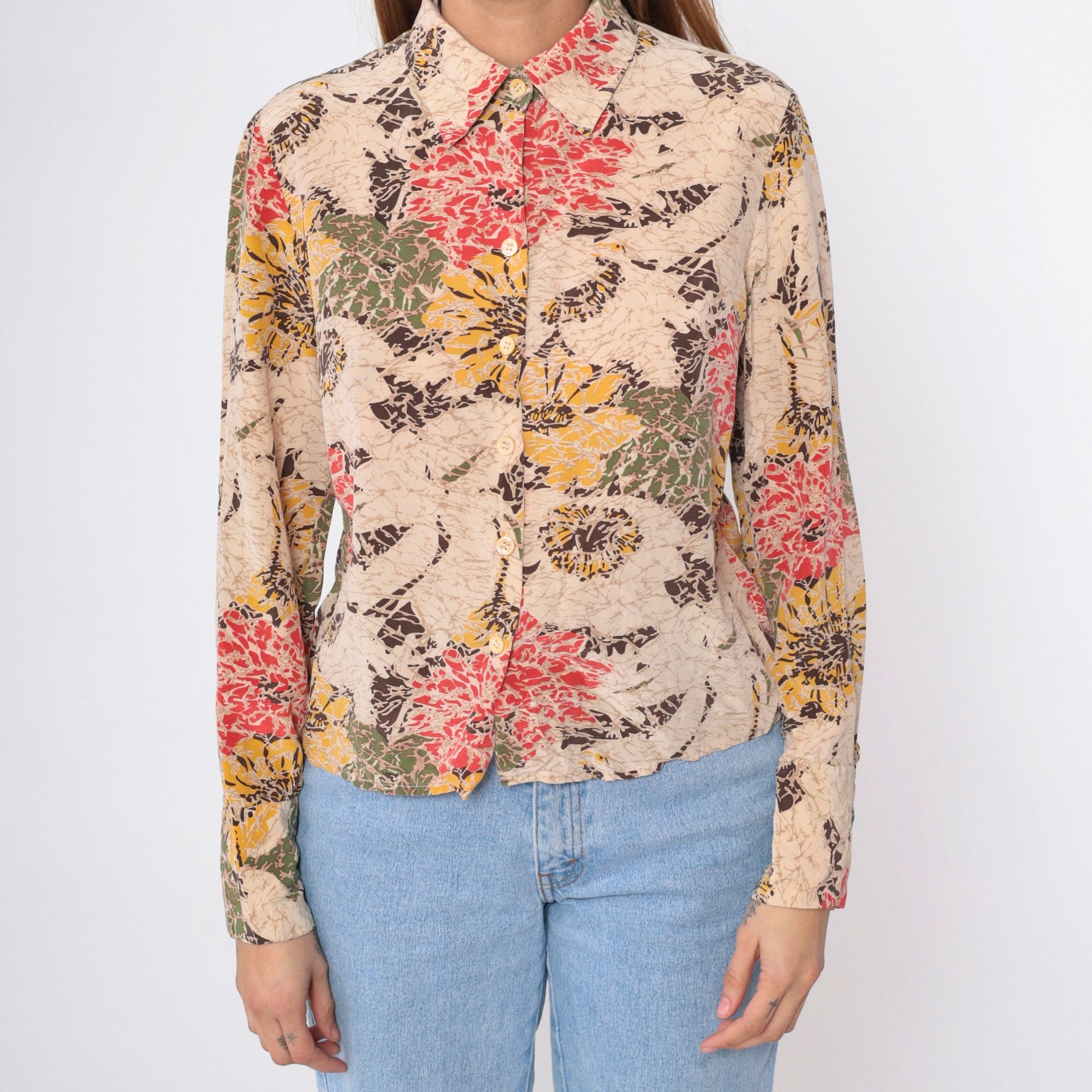90s Abstract Floral Button-Up Blouse Beige Red Yellow Long Sleeve Medium