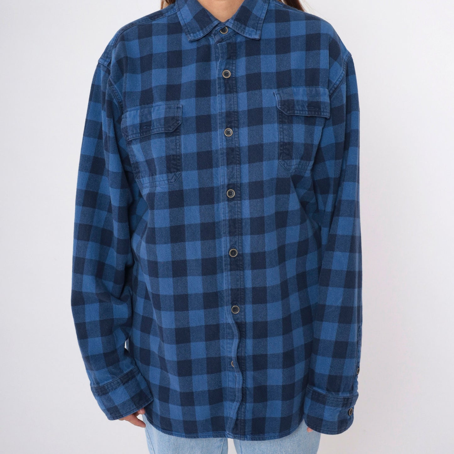 90s Jachs Buffalo Plaid Button-Up Shirt Blue Black Cotton Extra Large Tall