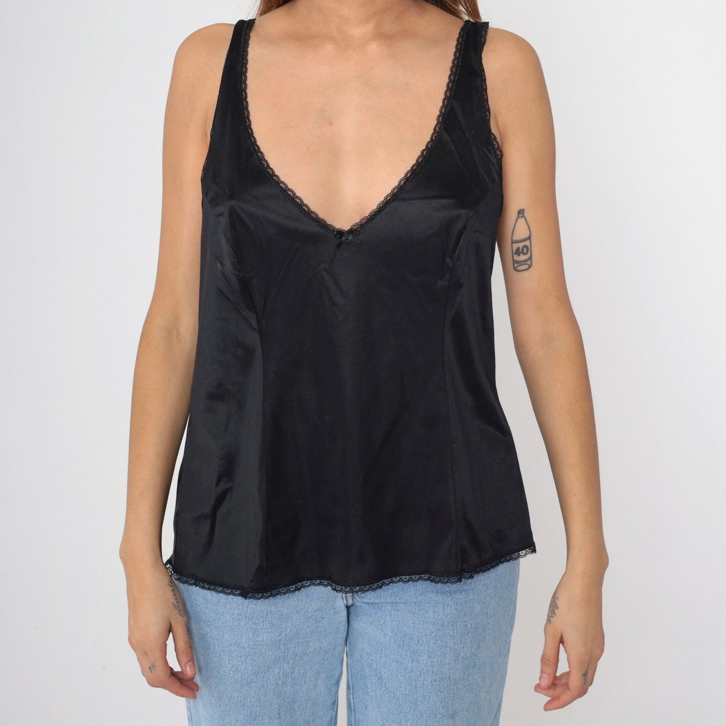 80s Vanity Fair Black Nylon Camisole Lace Trim V-Neck Bow Large