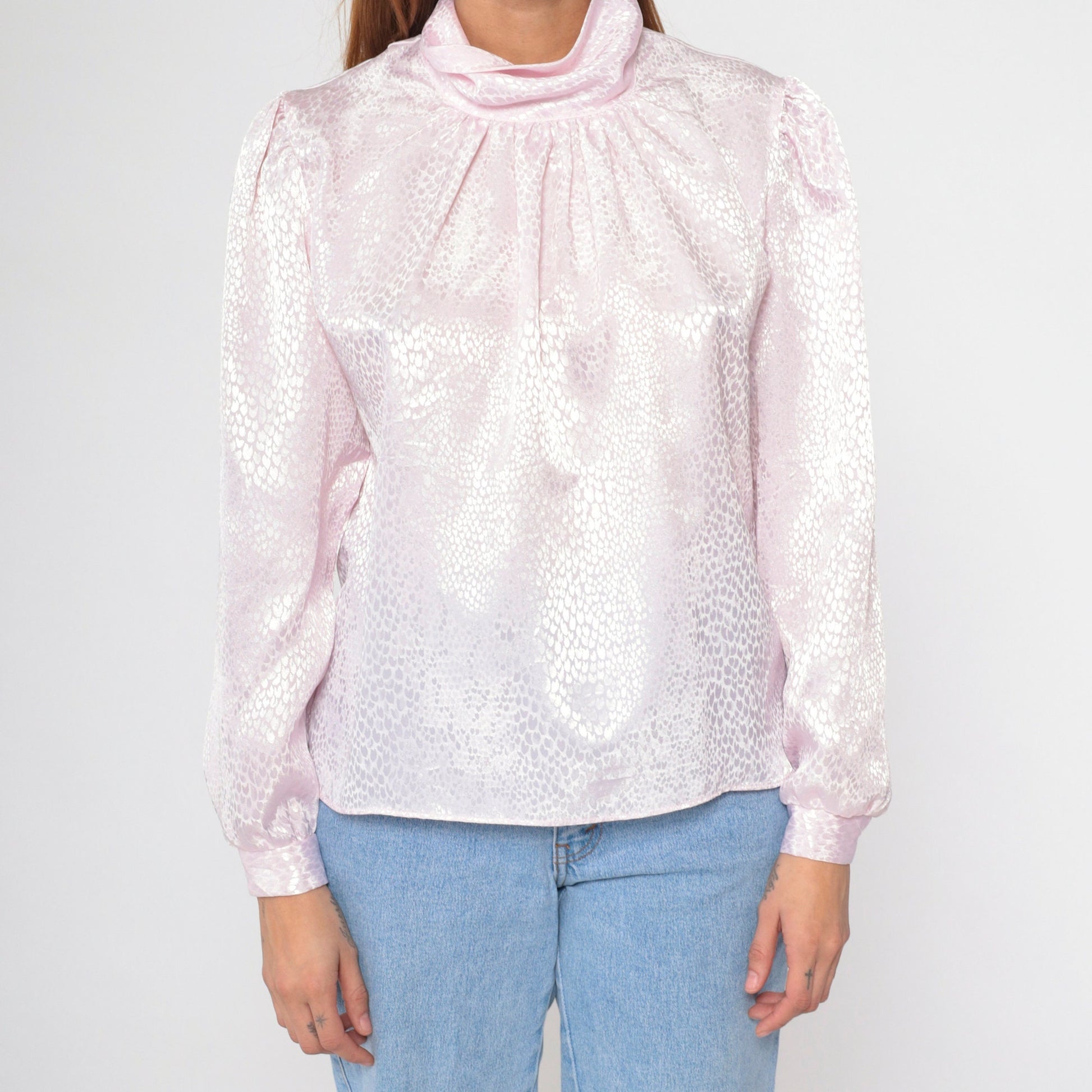 80s Grand Design Baby Pink Embossed Snakeskin Turtleneck Puff Sleeve Blouse Large