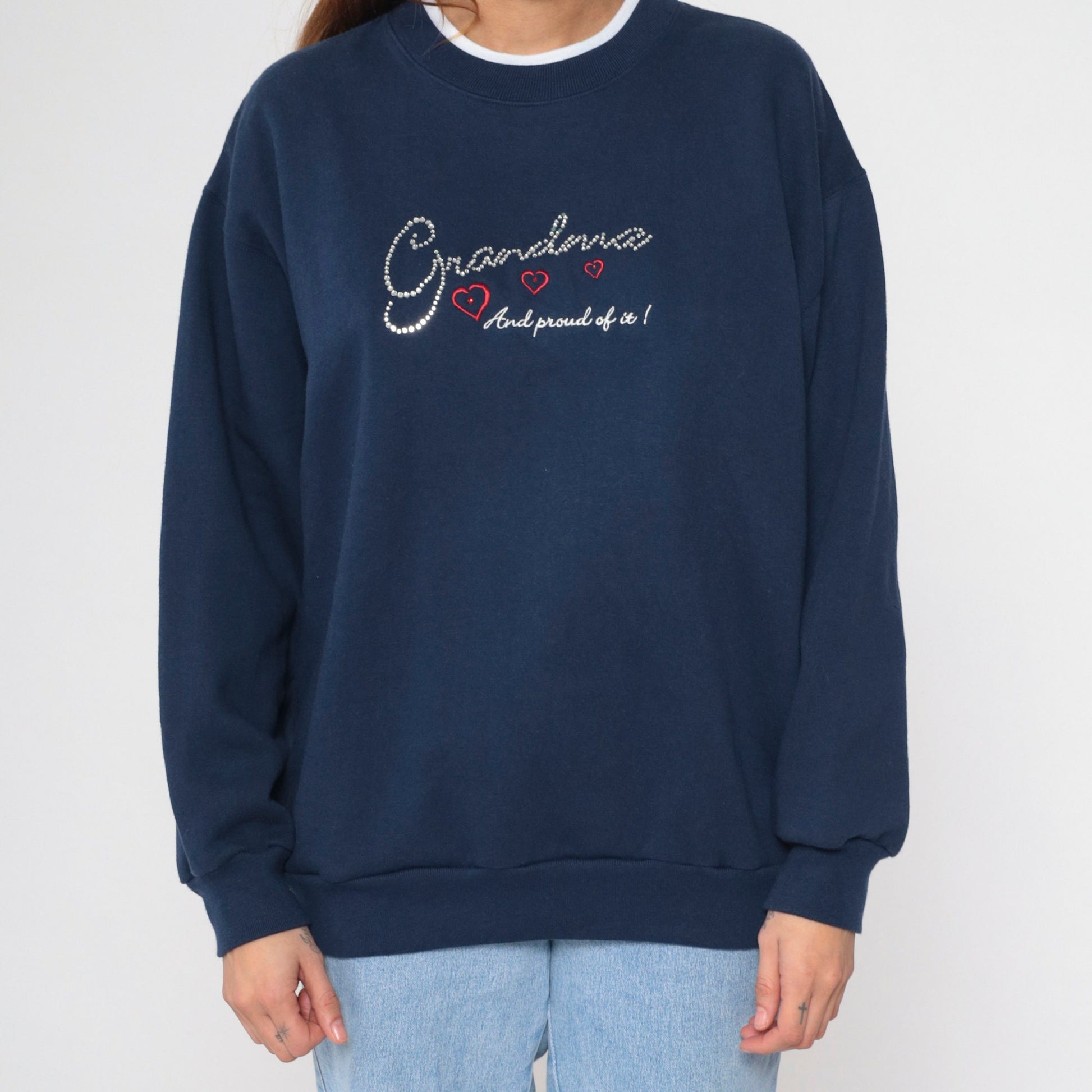90s Grandma Rhinestone Navy Sweatshirt Embroidered Hearts Double Collar Large Petite