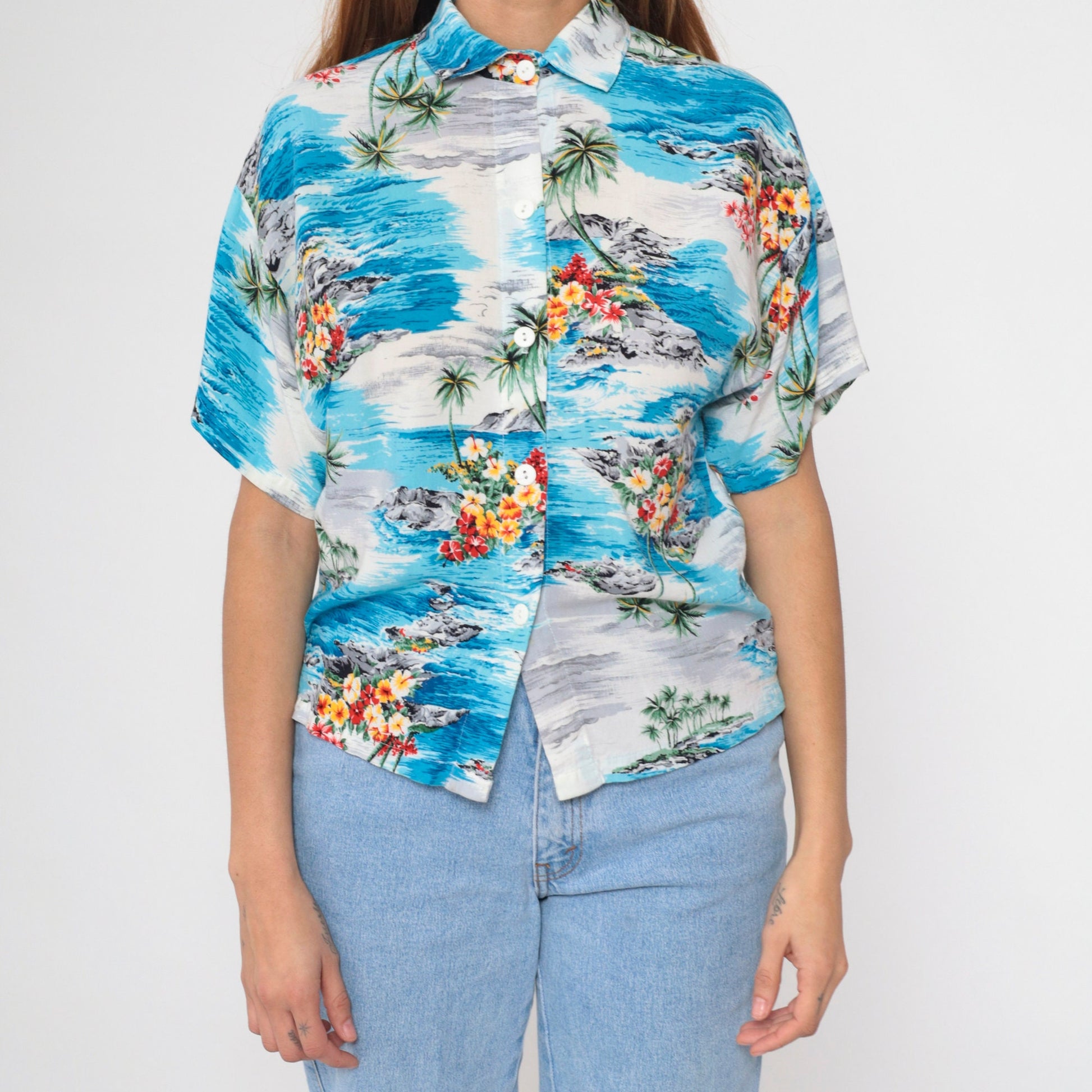 90s Hawaiian Shirt Palm Tree Tropical Print Blue Grey Button Up Medium