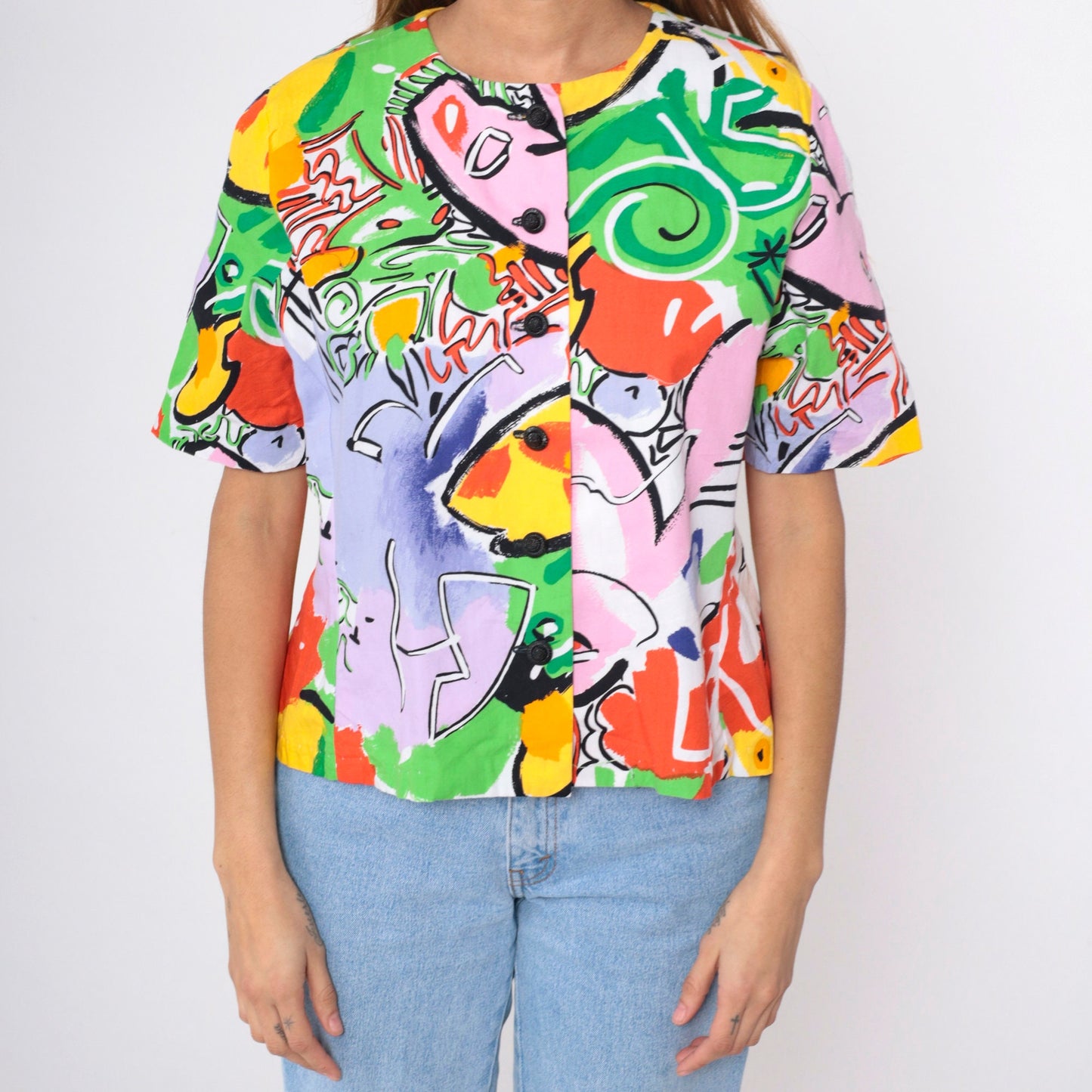 90s Abstract Tropical Button-Up Blouse Multicolor Geometric Print Medium