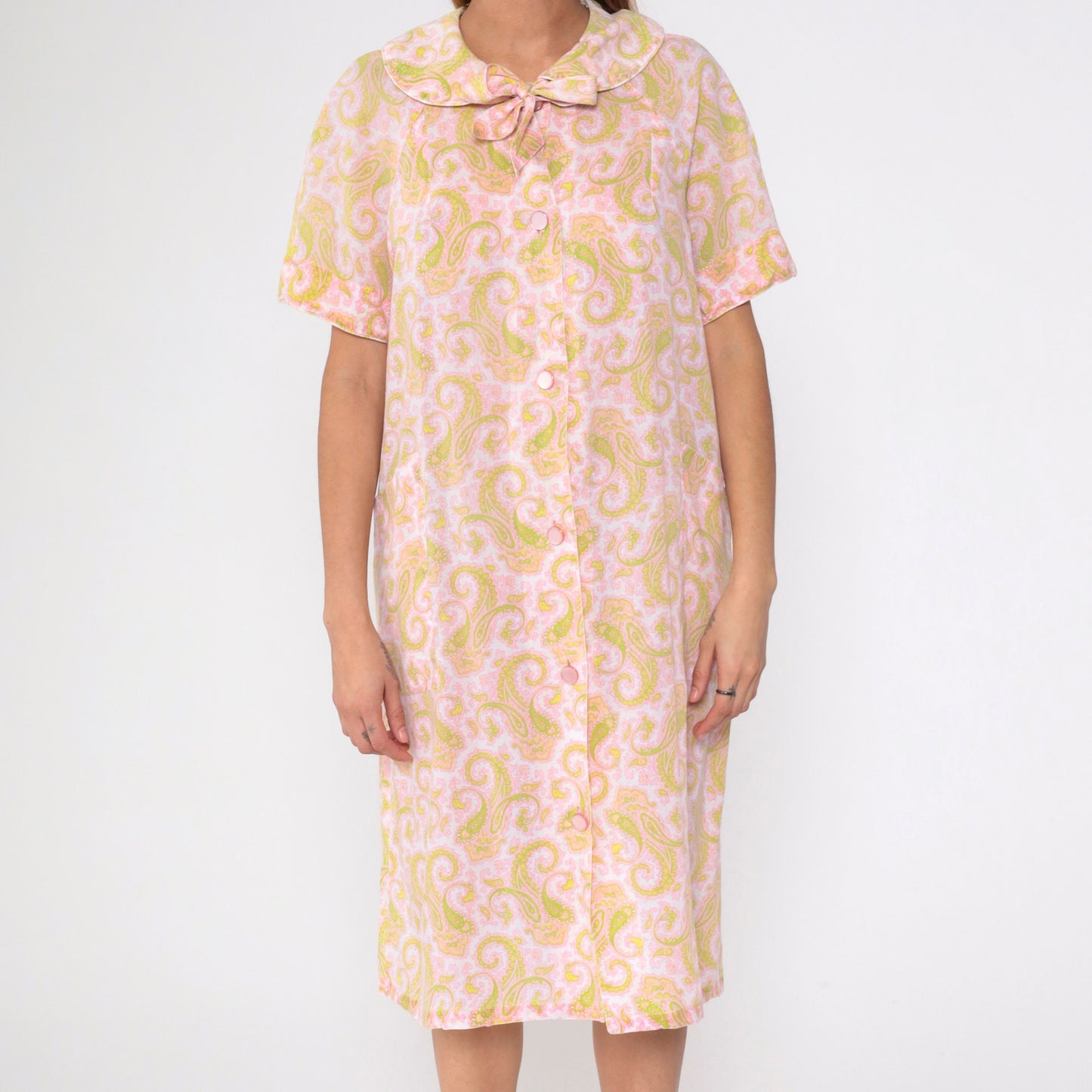 60s Paisley Nightgown Peter Pan Collar Button-Up Midi Shift Dress Pink Green Large L
