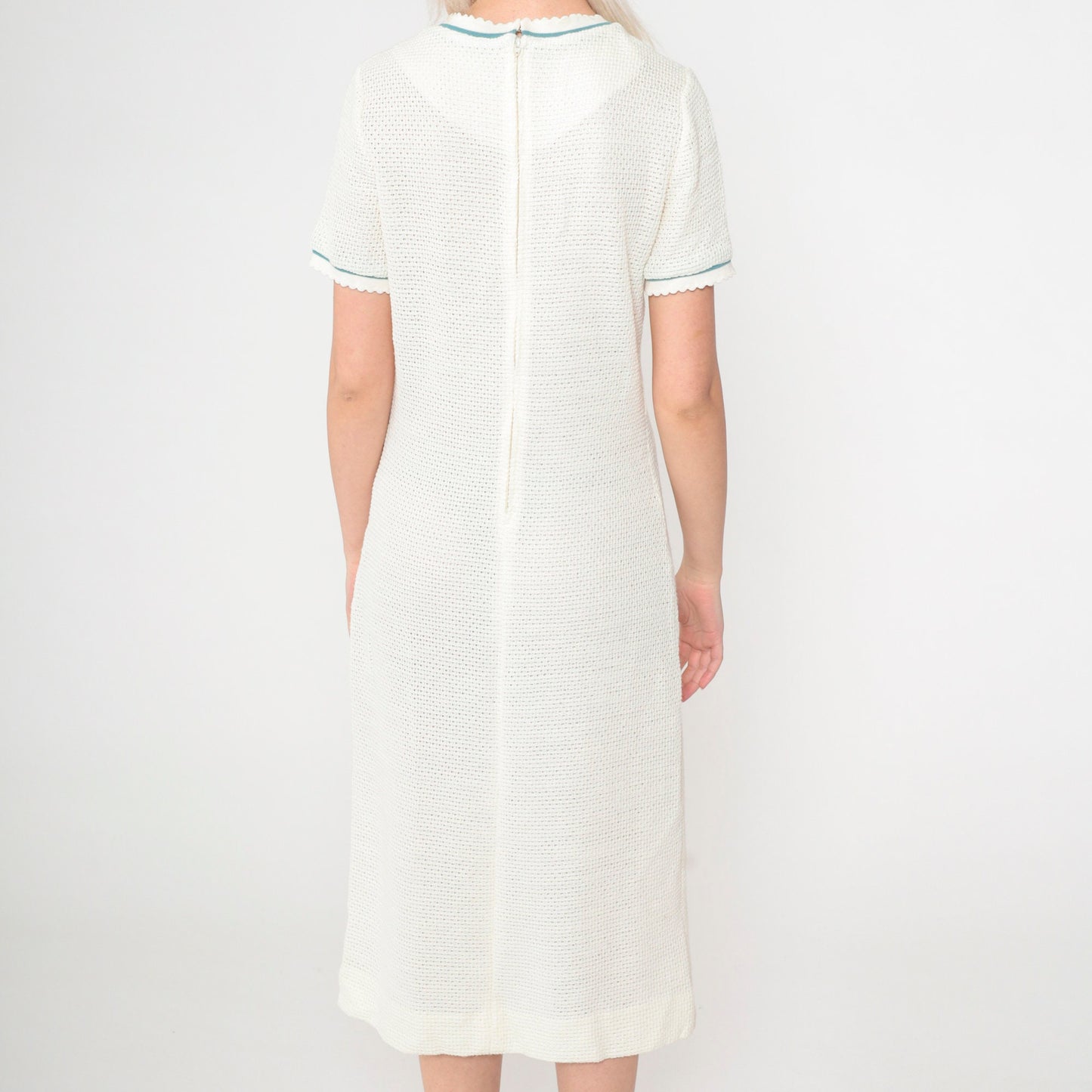 70s White Openwork Knit Midi Dress & Cardigan Set Teal Trim Small