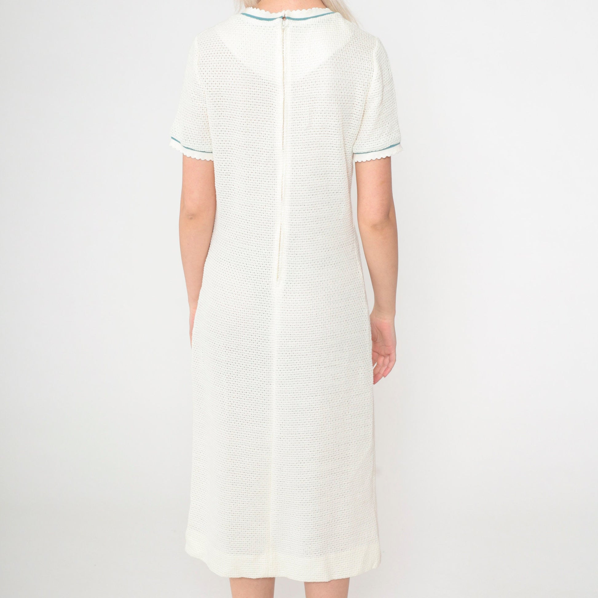 70s White Openwork Knit Midi Dress & Cardigan Set Teal Trim Small