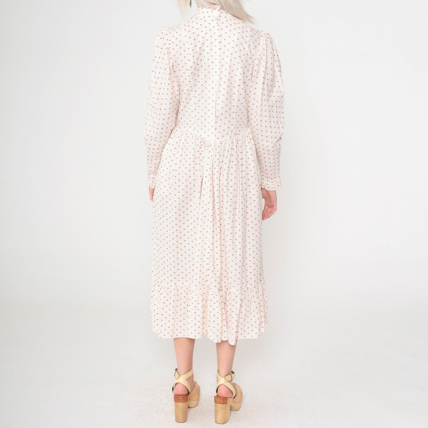 70s White Calico Floral Midi Dress Puff Sleeve High Neck Ruffled Small