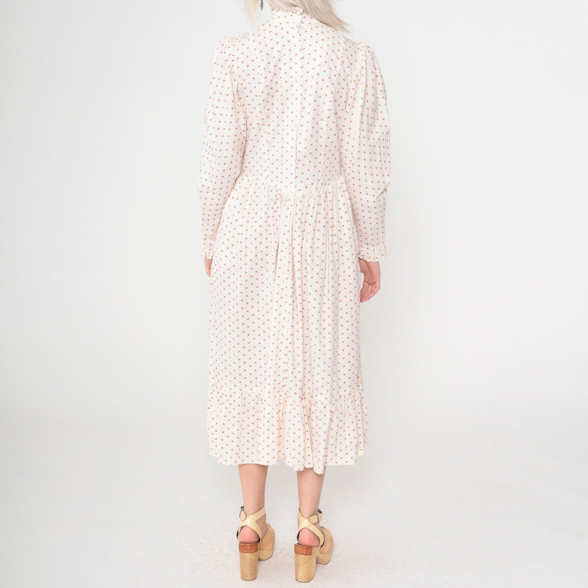70s White Calico Floral Midi Dress Puff Sleeve High Neck Ruffled Small