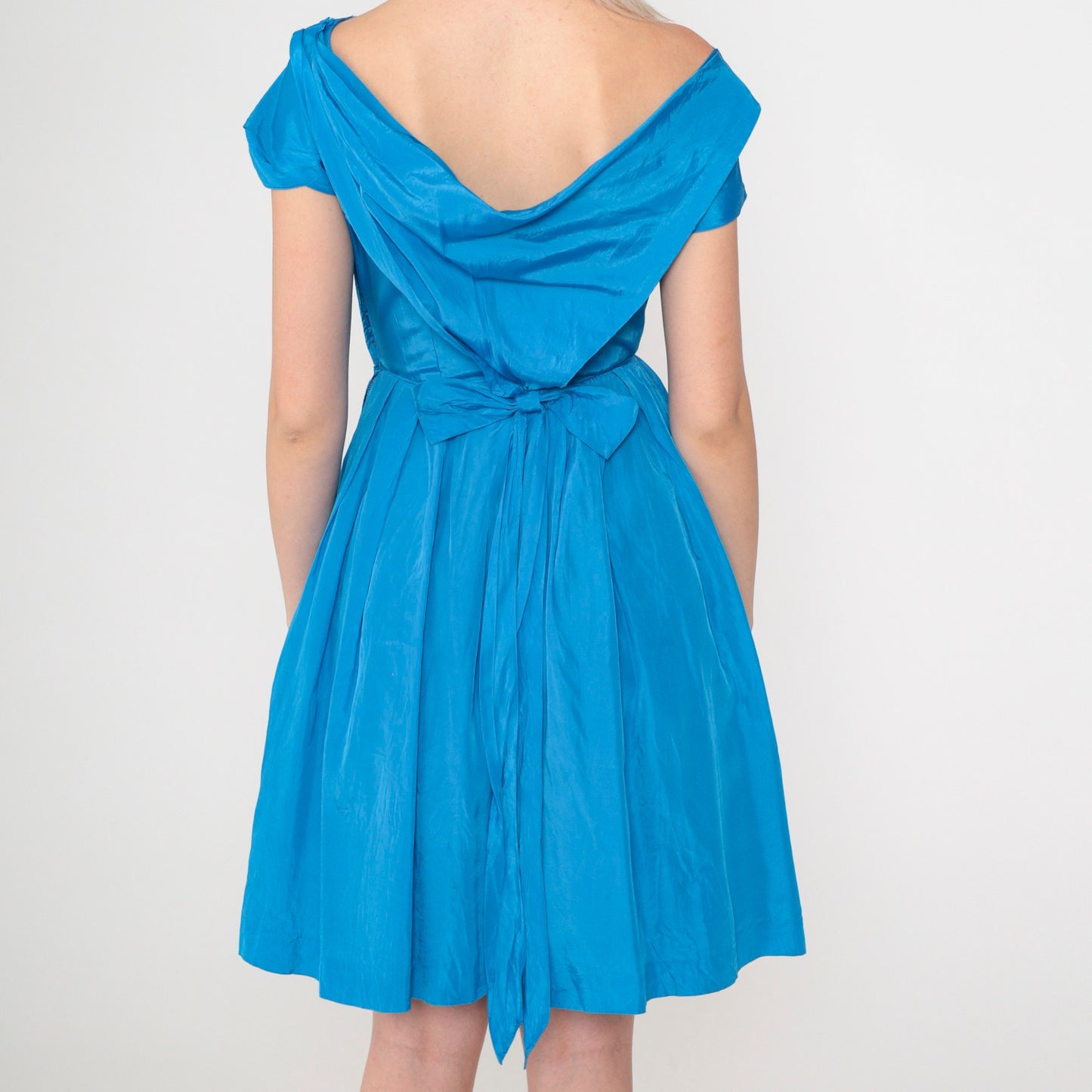 1950s Lorrie Deb San Francisco Blue Bow Cocktail Dress Cap Sleeve Extra Small