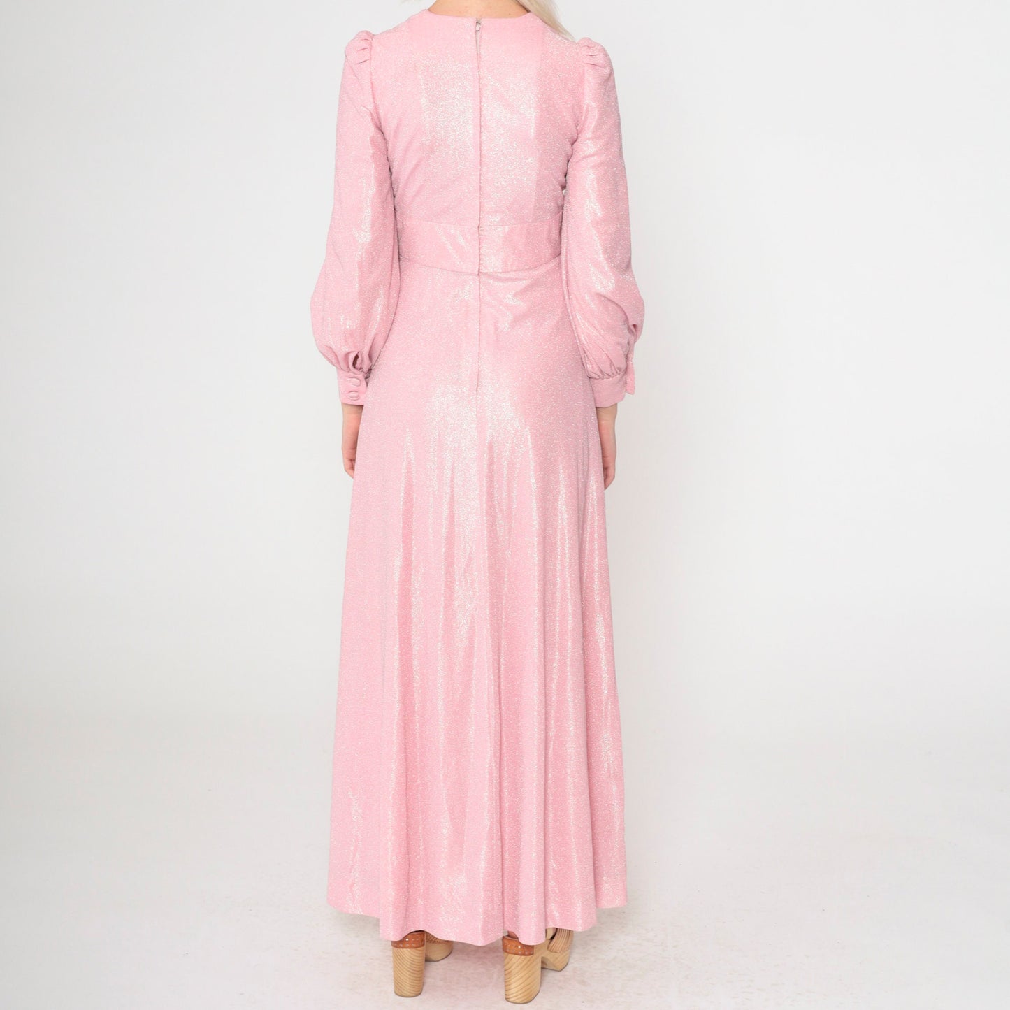 70s Metallic Baby Pink Maxi Dress Puff Sleeve V-Neck High Waist Extra Small