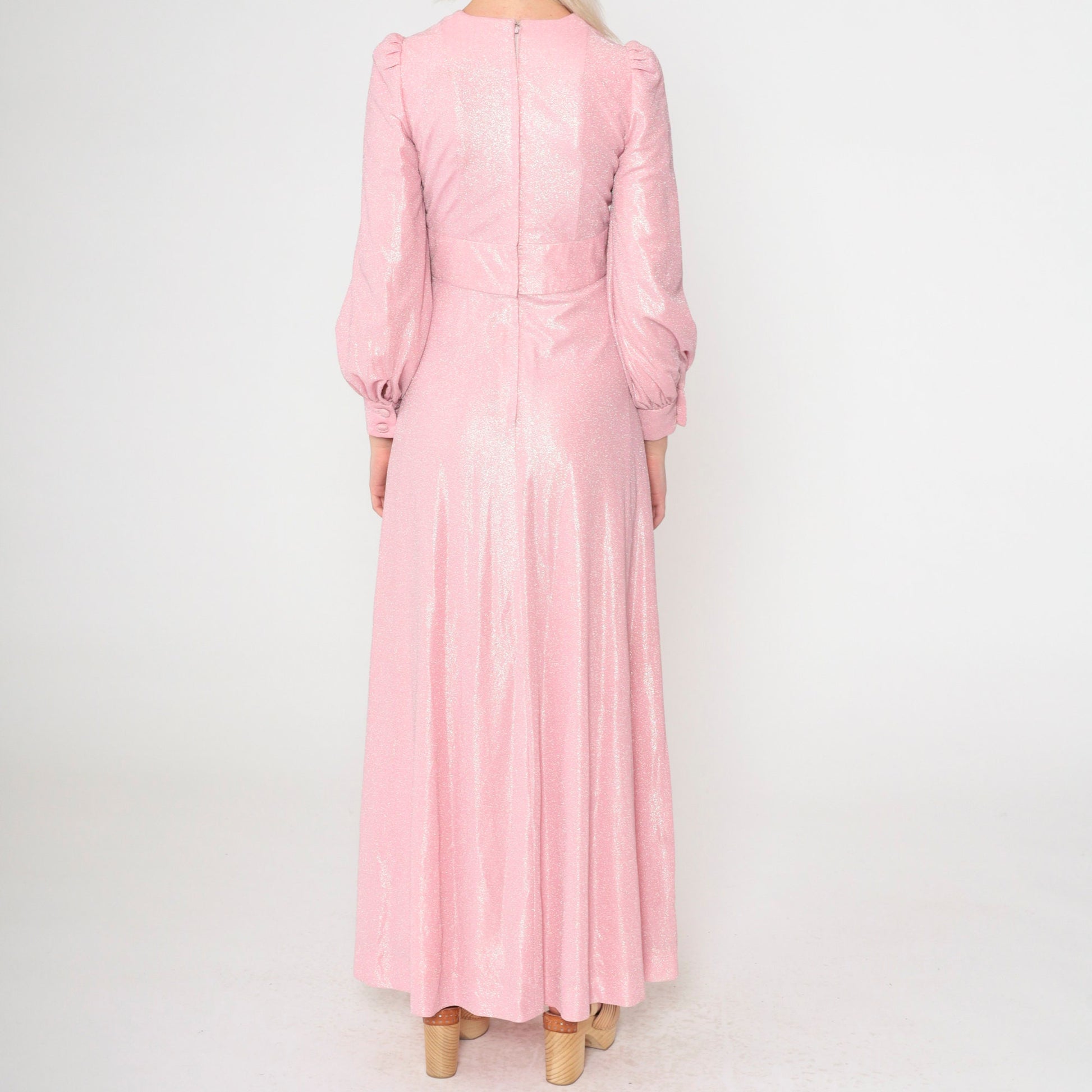 70s Metallic Baby Pink Maxi Dress Puff Sleeve V-Neck High Waist Extra Small