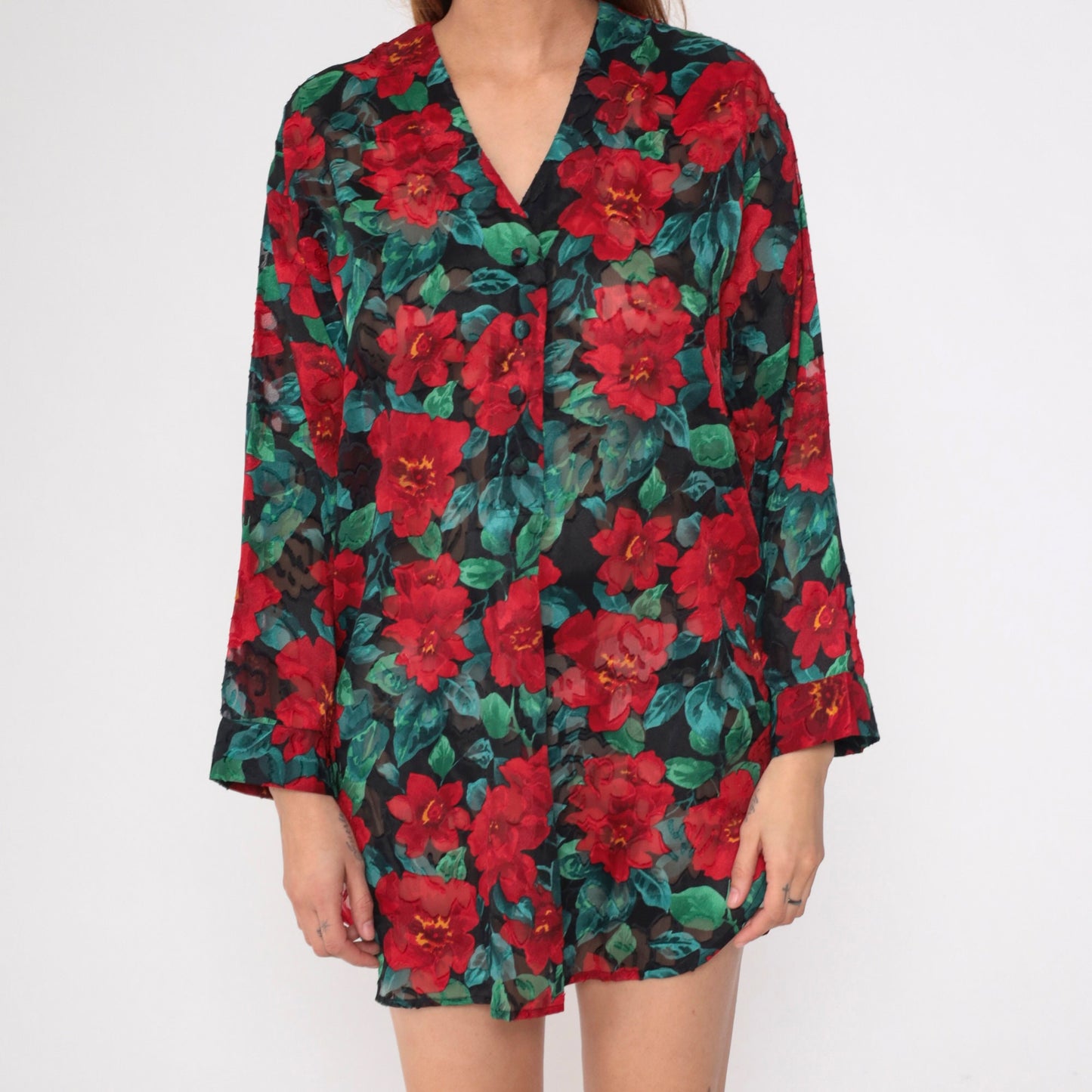 90s Victoria's Secret Floral Burnout Nightgown Long Sleeve Button Up Mini Red Small