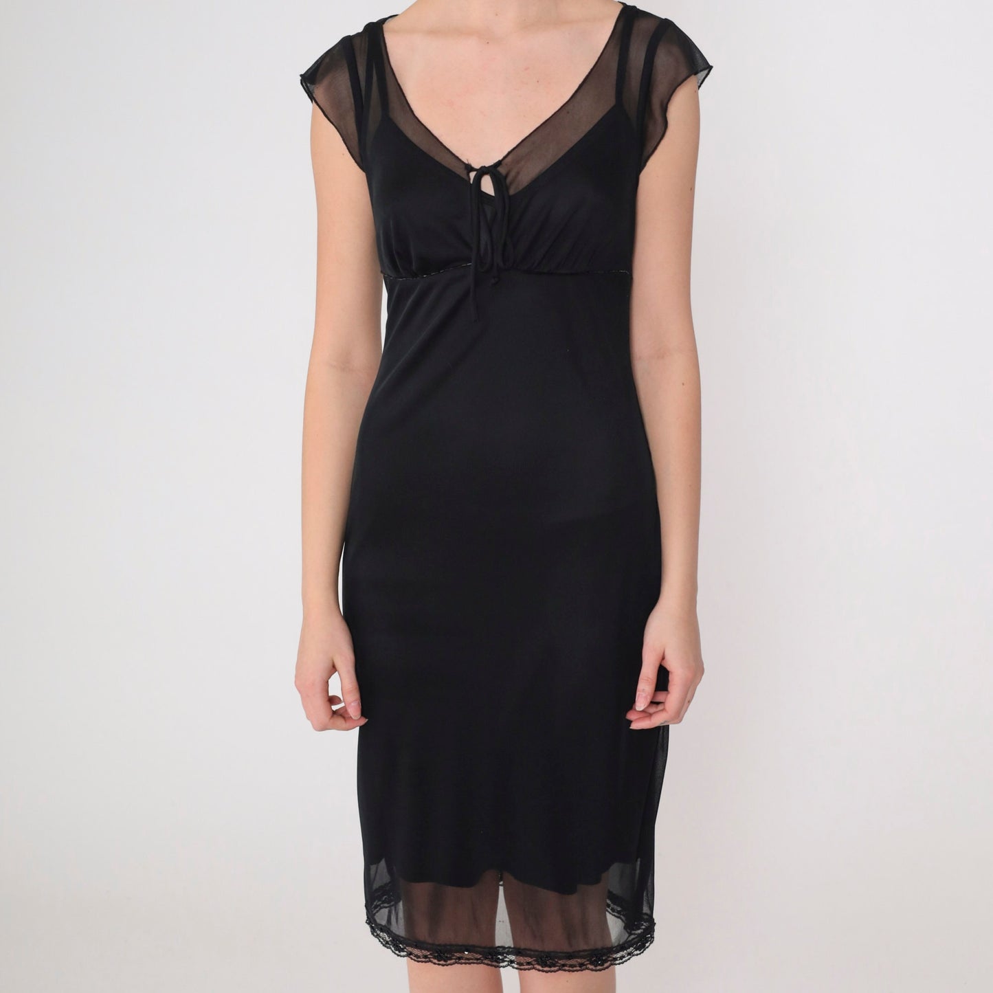 00s Black Beaded Midi Dress Sheer Cap Sleeve Empire Waist Keyhole Tie Neck Small