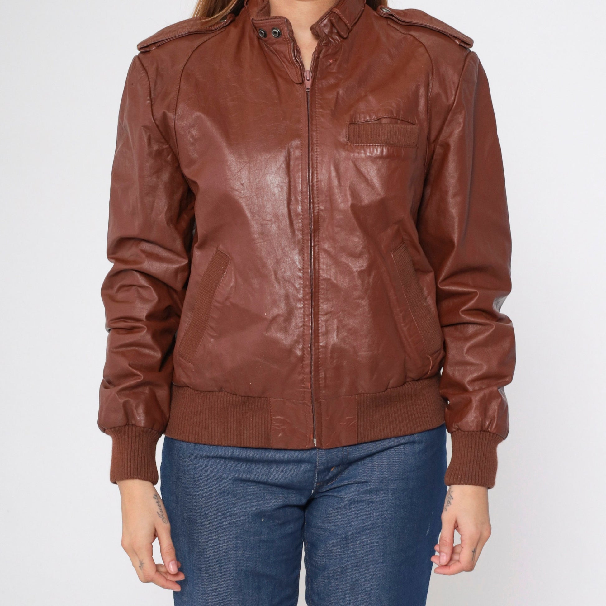 80s Brown Leather Bomber Jacket Moto Zip Shoulder Epaulette Men's Medium