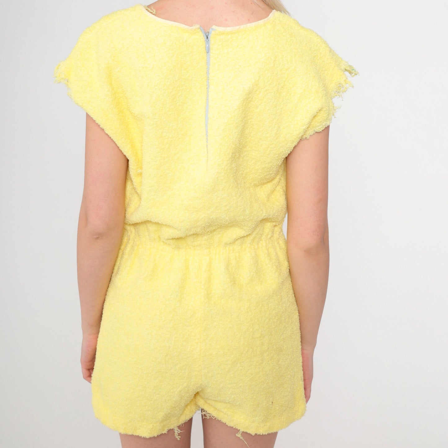80s Yellow Terry Cloth Romper Playsuit Frayed Cap Sleeve Elastic Waist Extra Small
