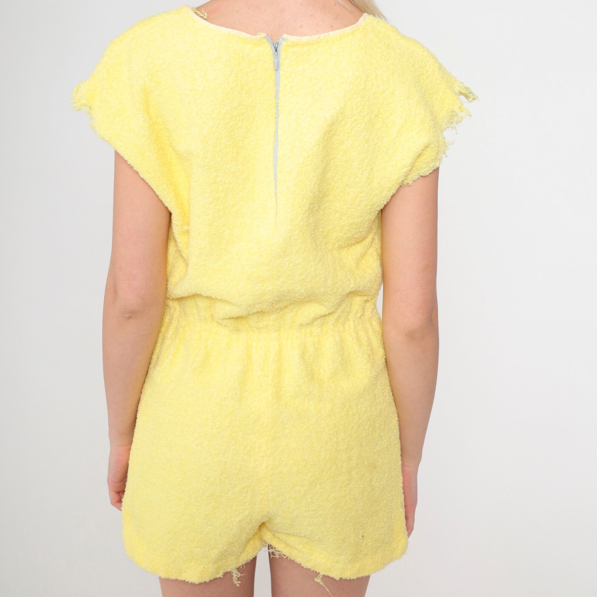80s Yellow Terry Cloth Romper Playsuit Frayed Cap Sleeve Elastic Waist Extra Small