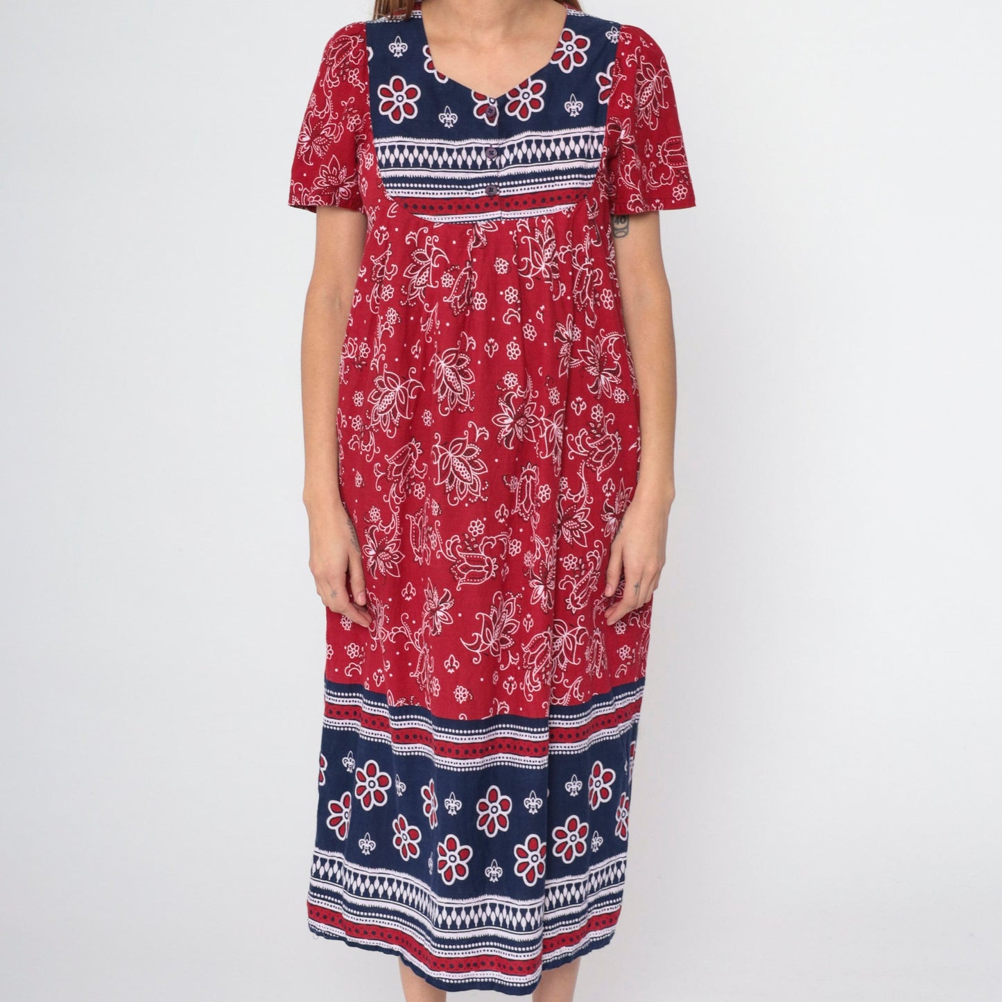 90s Red Floral Handkerchief Print Cotton Midi Dress Puff Sleeve Small