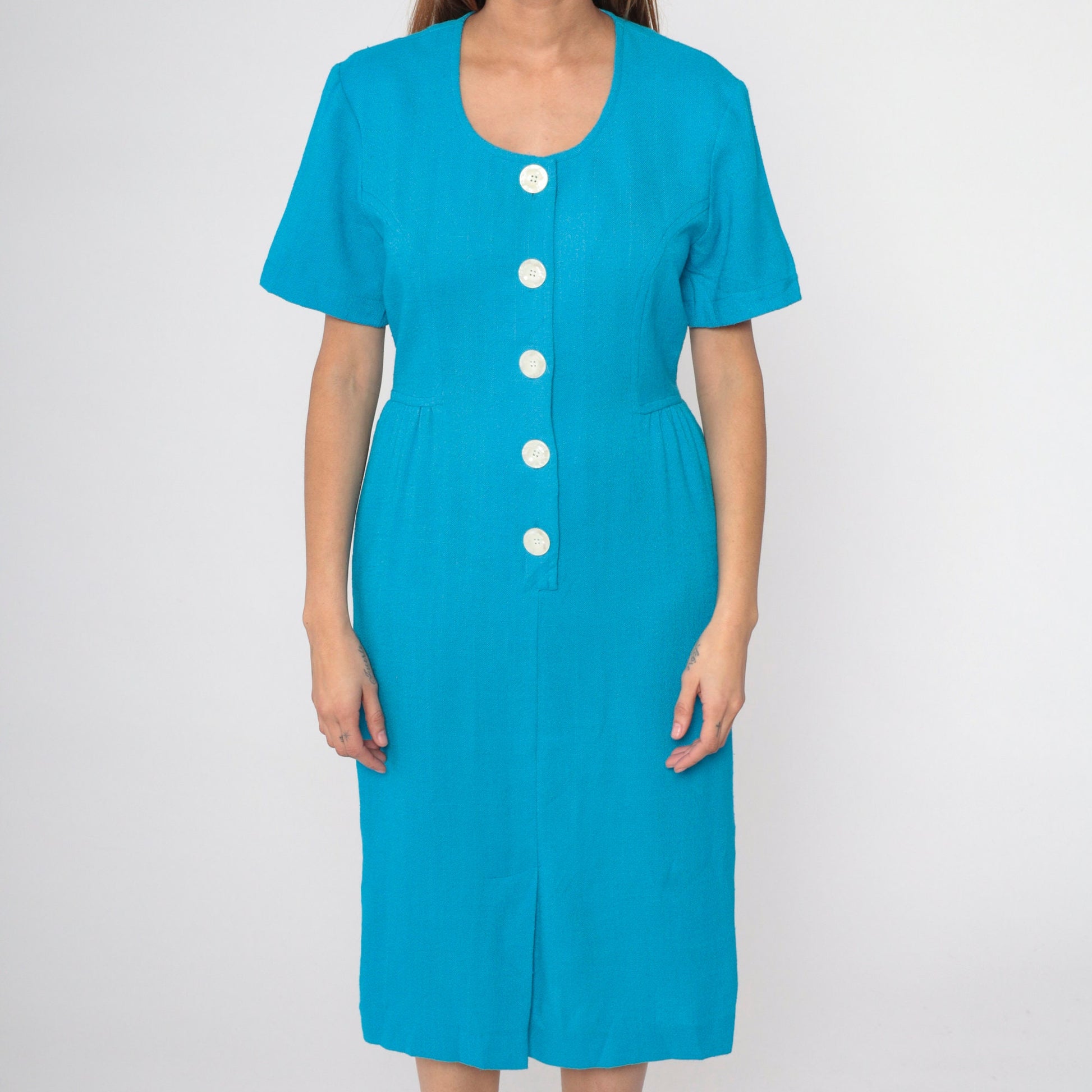 80s Bright Blue Button-Up Midi Sheath Dress Short Sleeve Pencil Skirt Medium 8