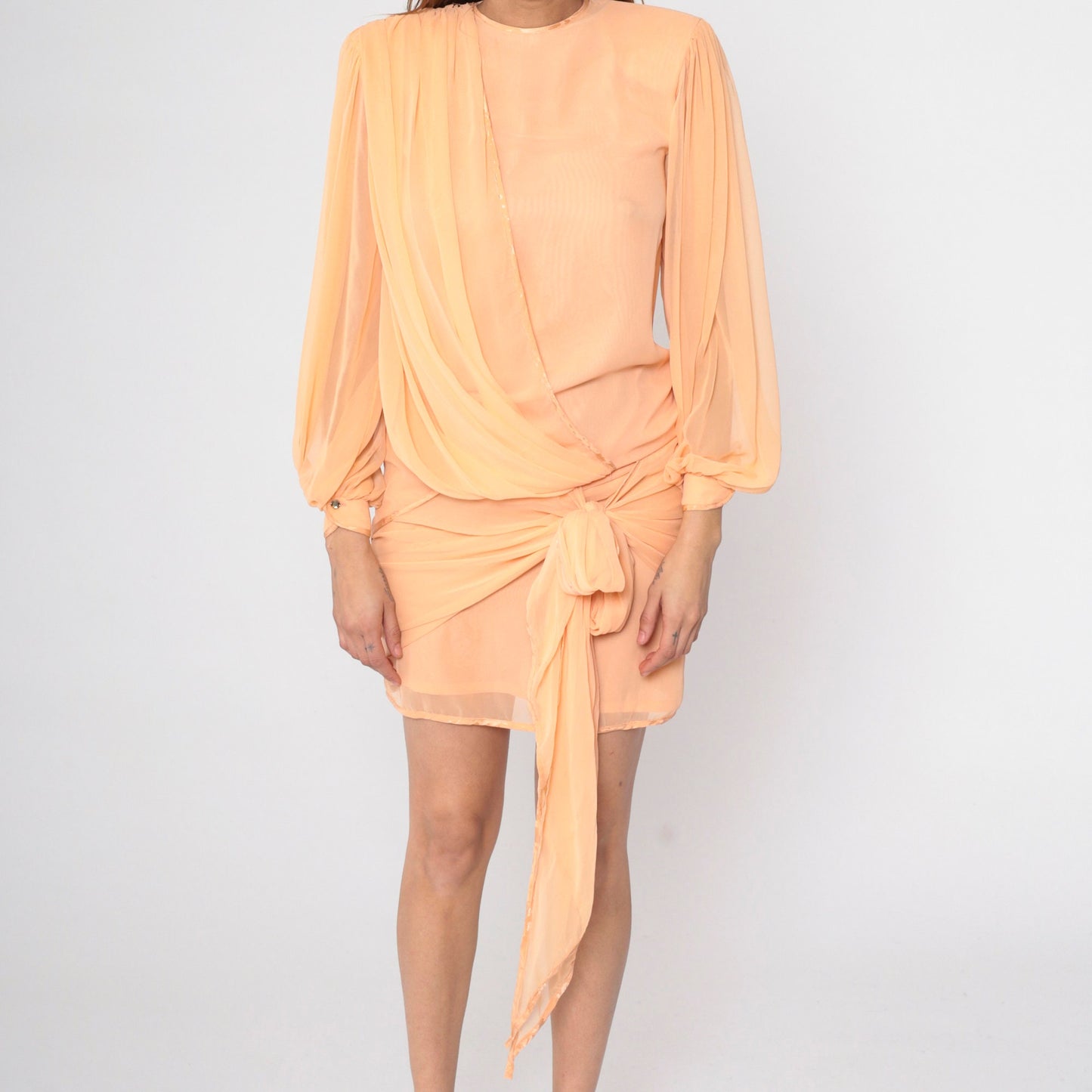 80s Peach Chiffon Shift Dress Puff Sleeve Draped Bodice Small