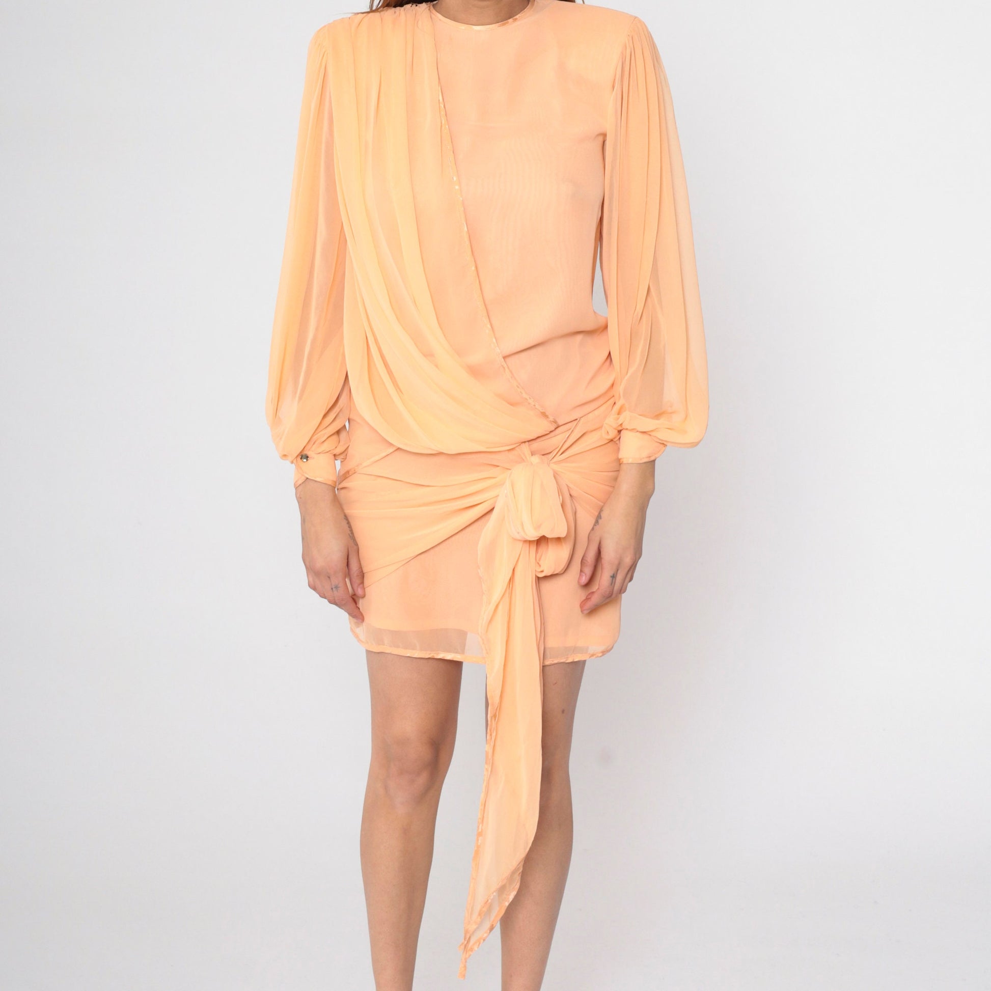 80s Peach Chiffon Shift Dress Puff Sleeve Draped Bodice Small