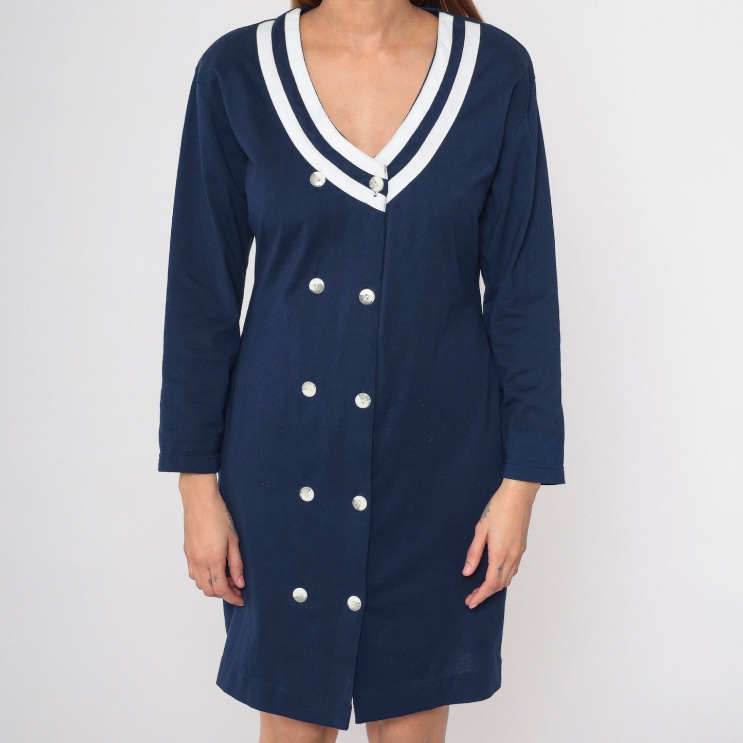 90s Navy Double Breasted Shirtdress White Striped Mini Long Sleeve Medium