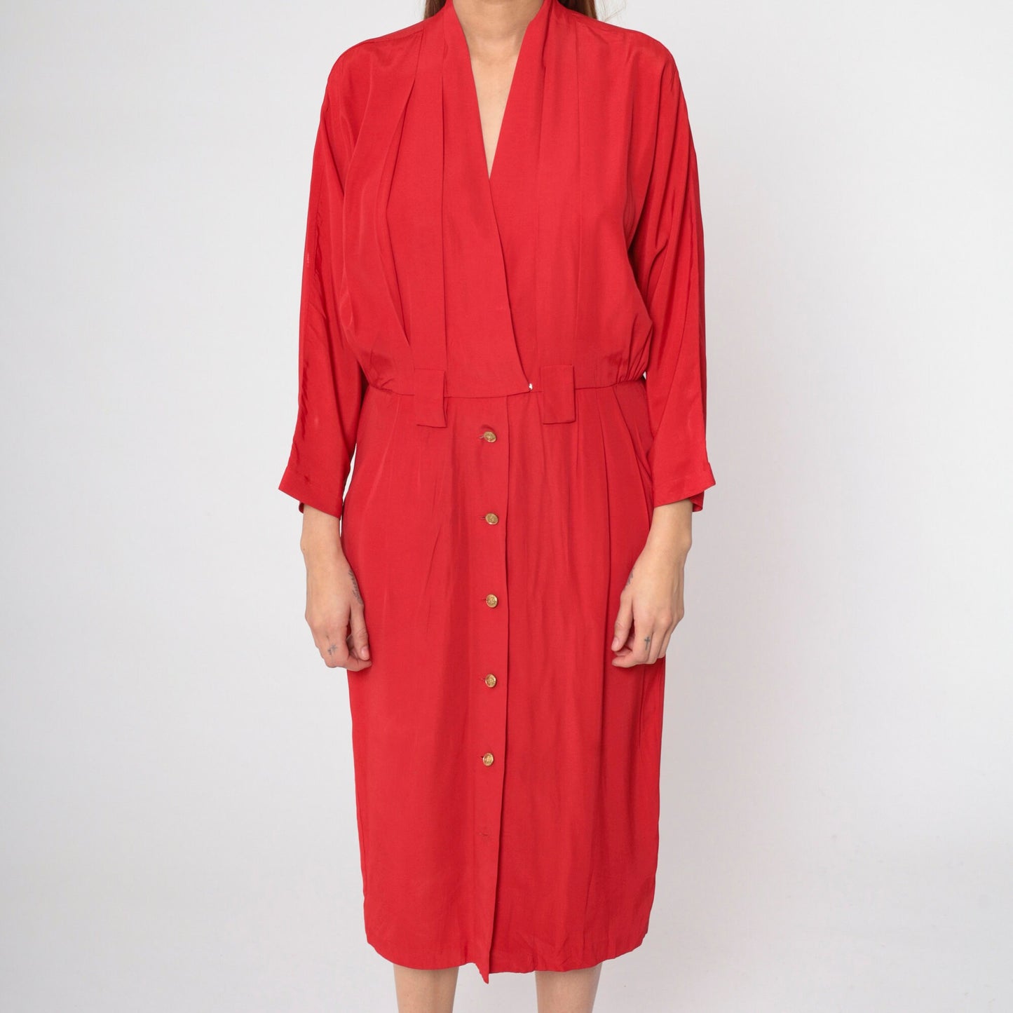 90s Red Button-Up Midi Dress Dolman Sleeve High Waist Faux Wrap Small 6