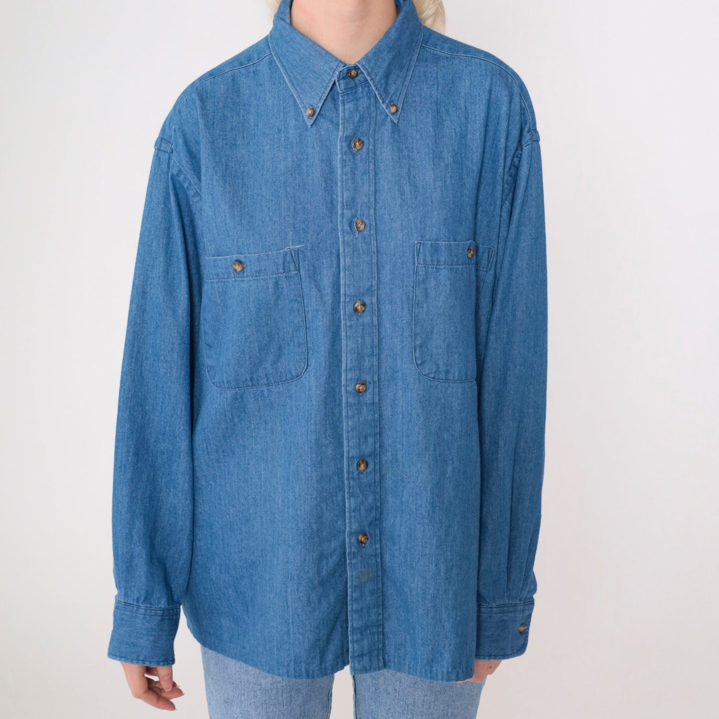 90s Club Room Blue Denim Button-Up Shirt Long Sleeve Cotton Men's 16 1/2