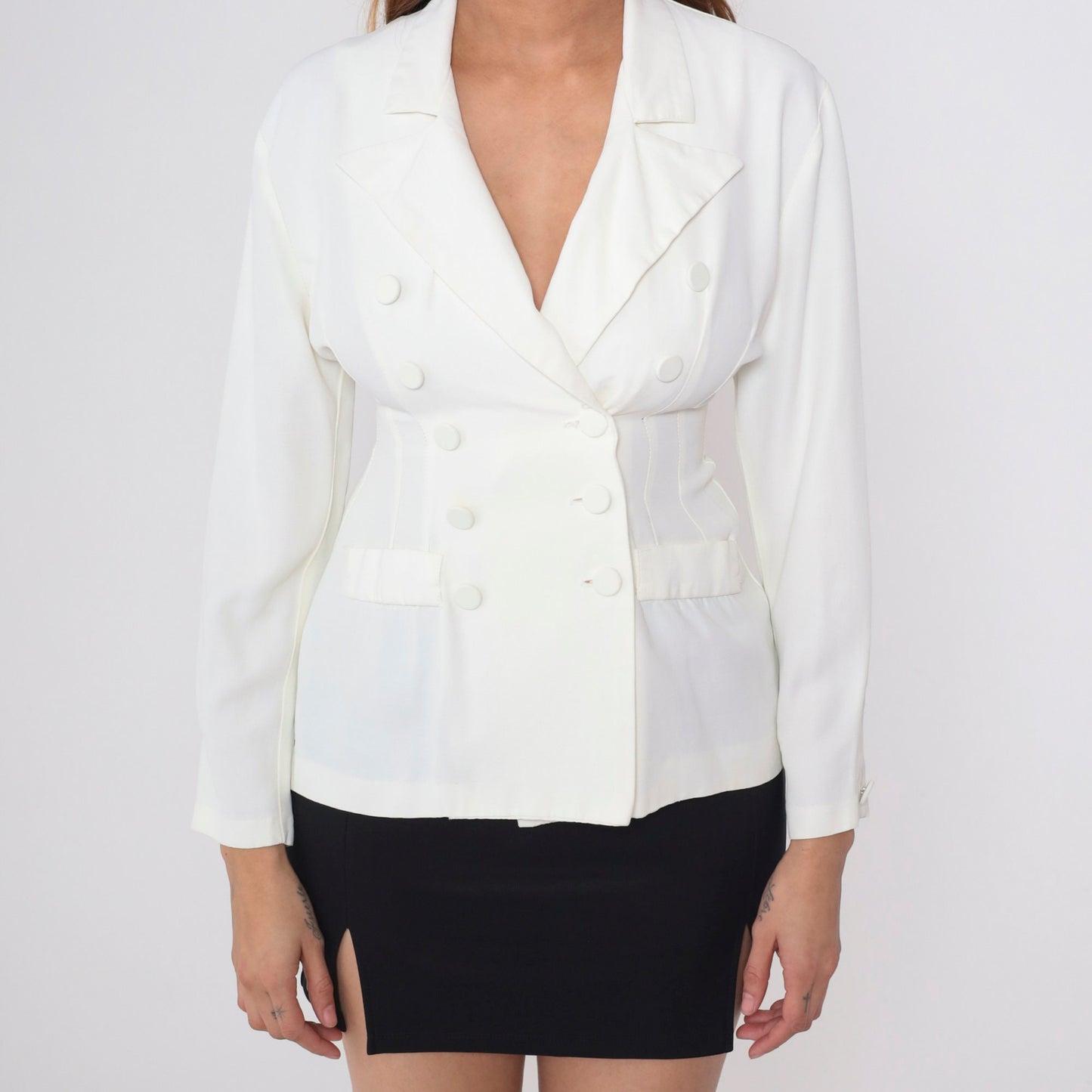 90s White Double Breasted Blazer Peak Lapel Princess Seam Small S