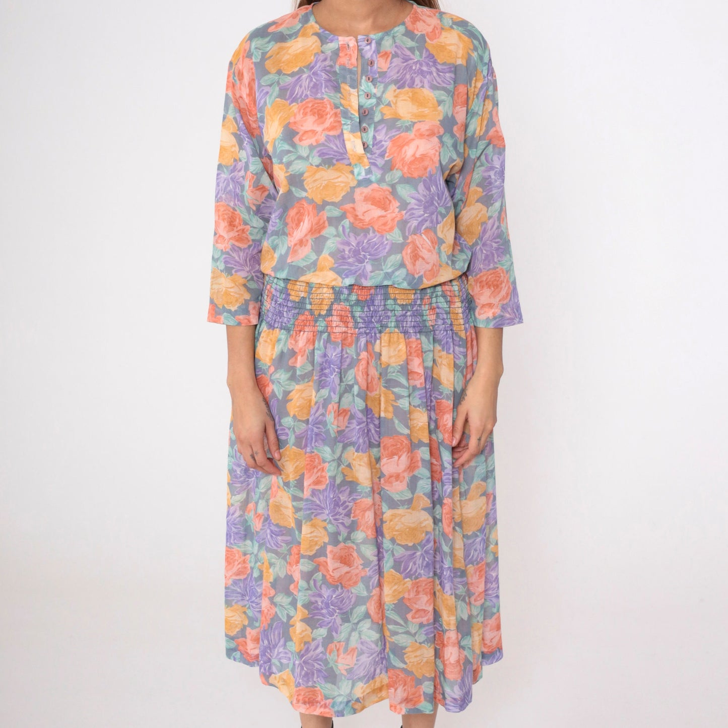 80s Starlo Fashions Floral Midi Dress Smocked Waist Henley Neckline Medium