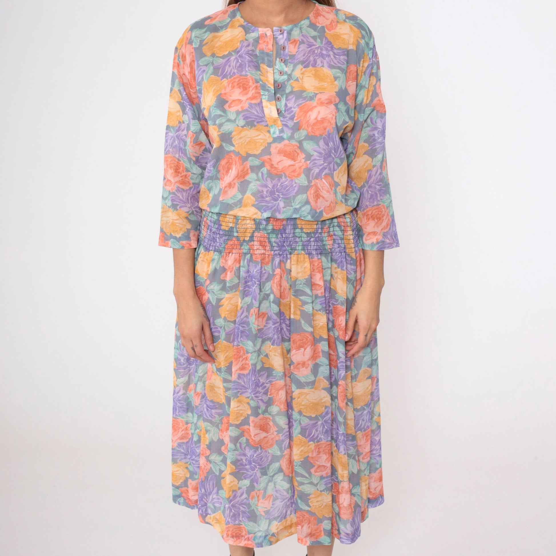 80s Starlo Fashions Floral Midi Dress Smocked Waist Henley Neckline Medium