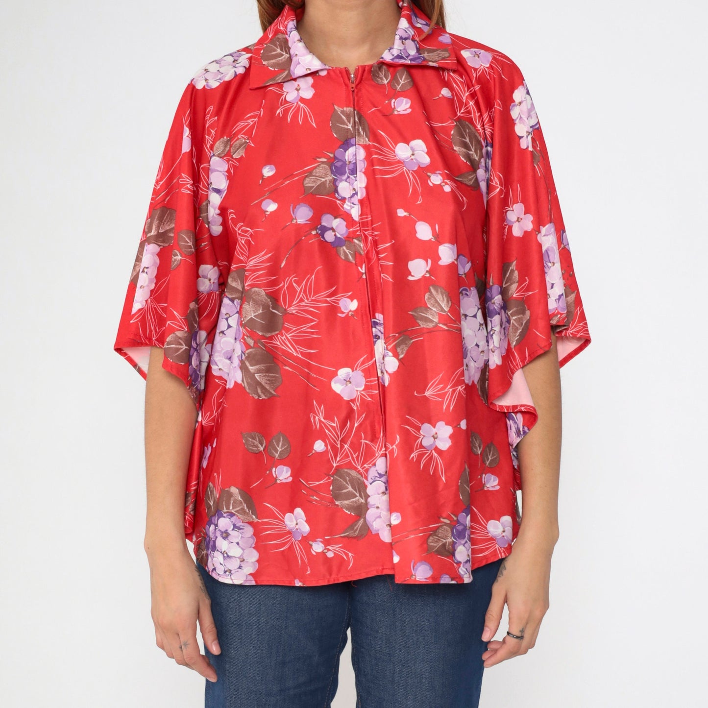 70s Jaylan of California Red Floral Zip Blouse Angel Sleeve Medium Large
