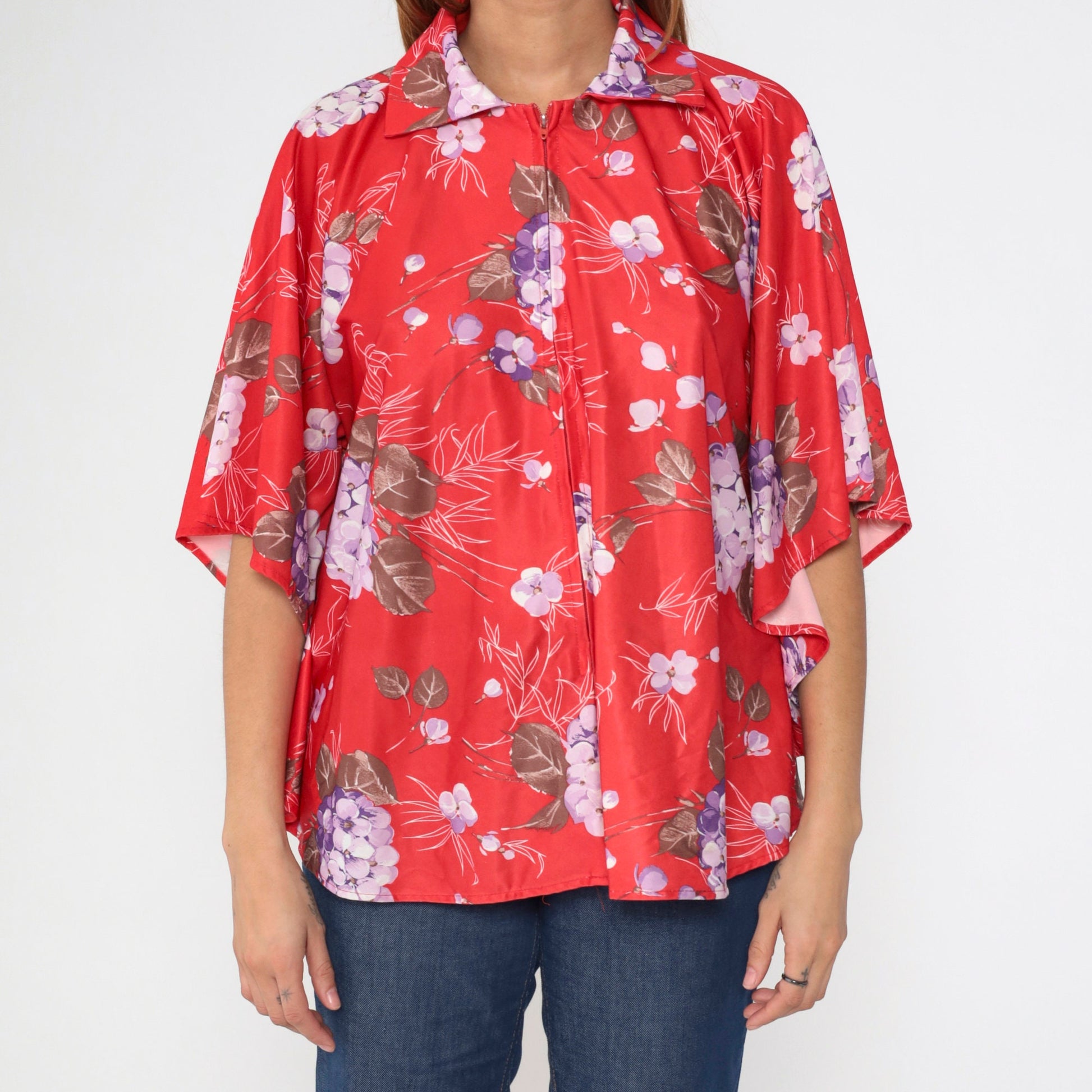 70s Jaylan of California Red Floral Zip Blouse Angel Sleeve Medium Large