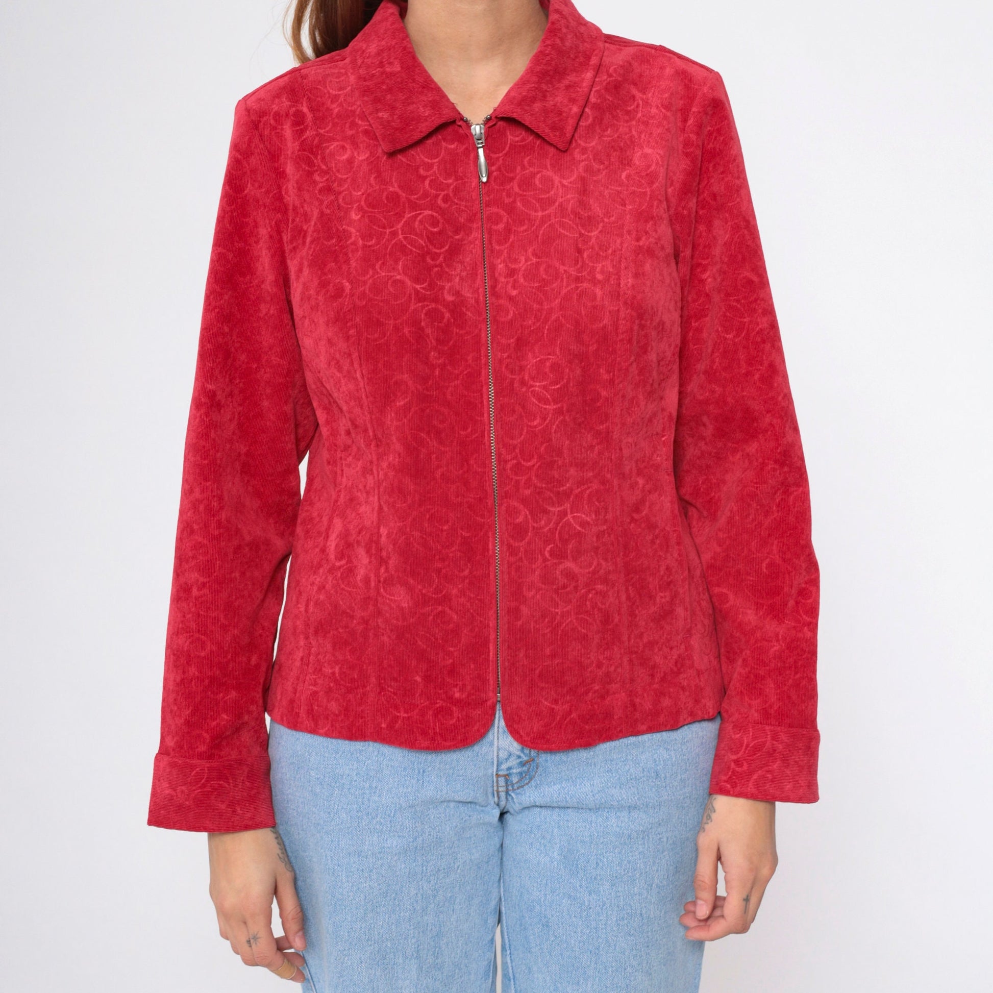 90s Red Corduroy Jacket Baroque Scroll Zip-Up Medium