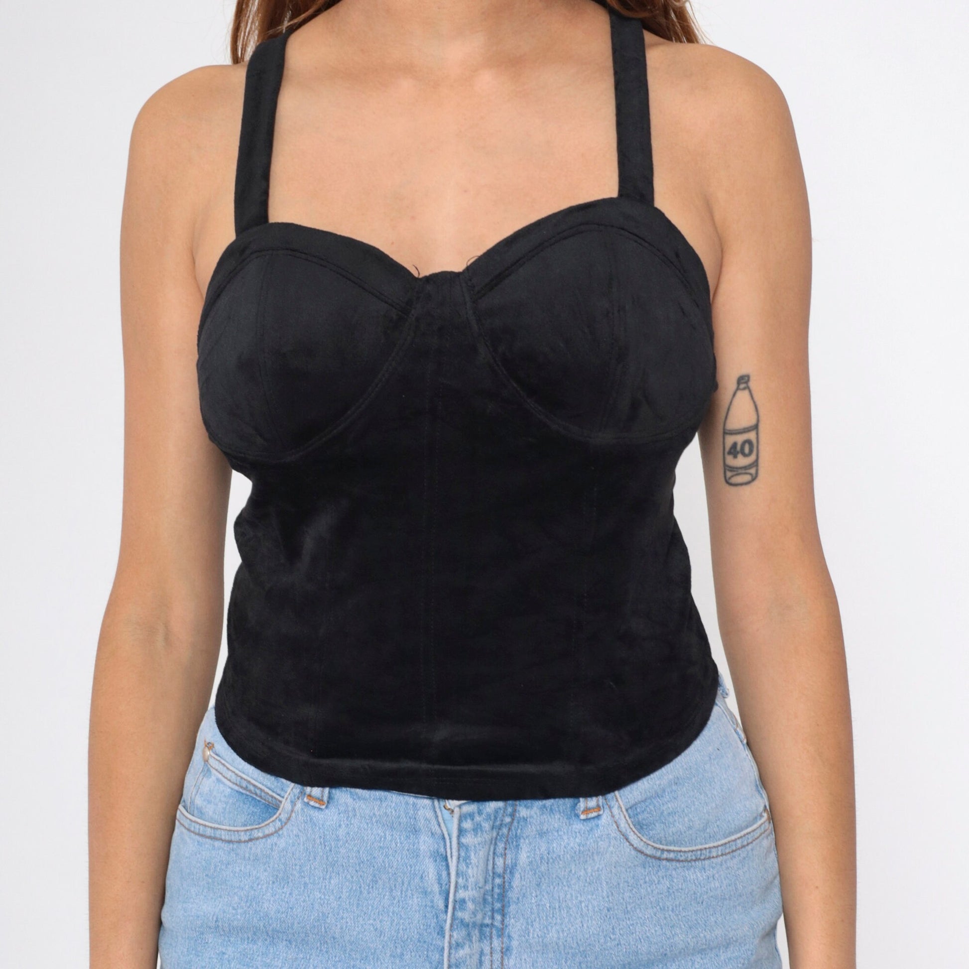 90s Black Velvet Stretch Tank Top Bustier Sleeveless Blouse Extra Small