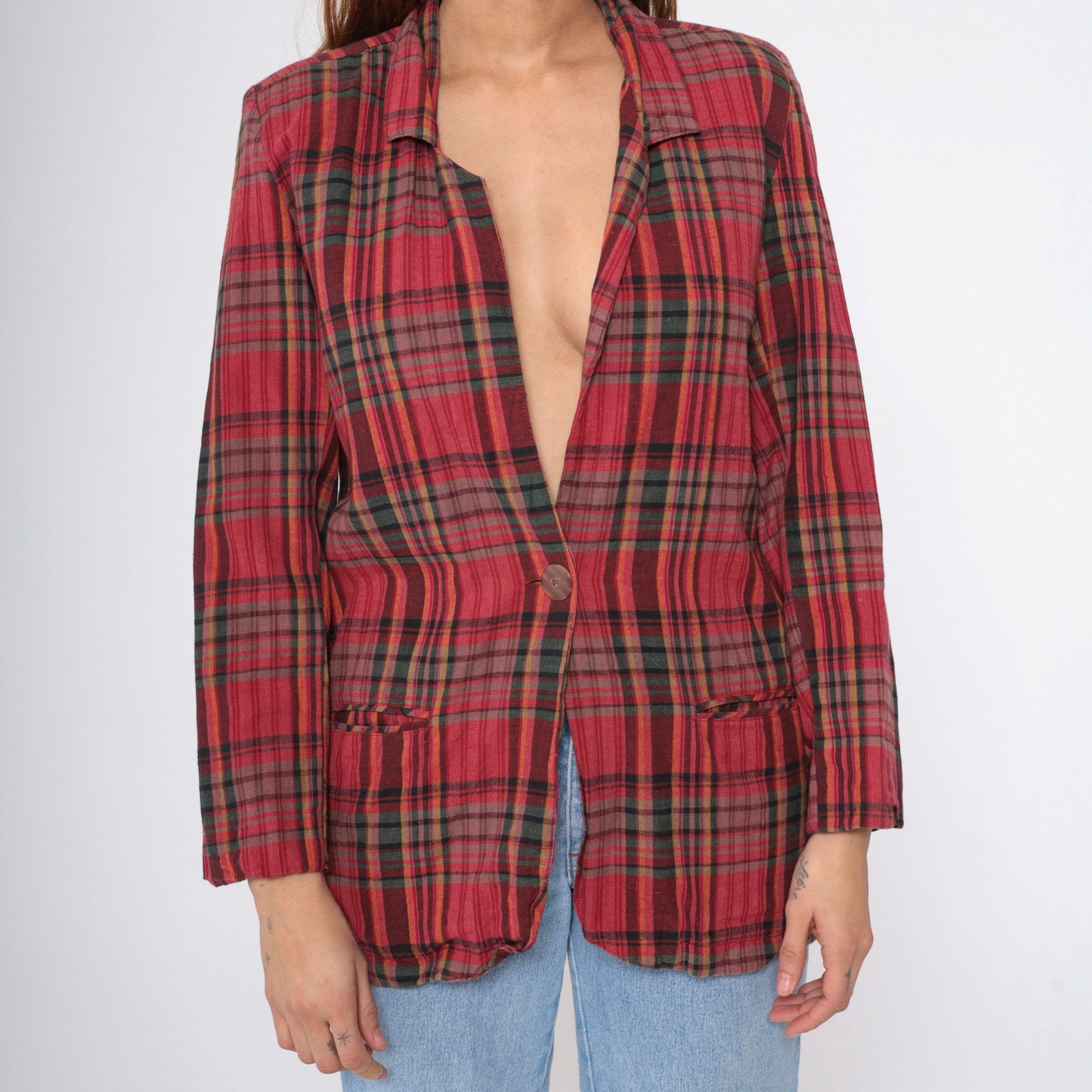 90s Red Plaid Cotton Blazer Deep V Neck Button Up Small