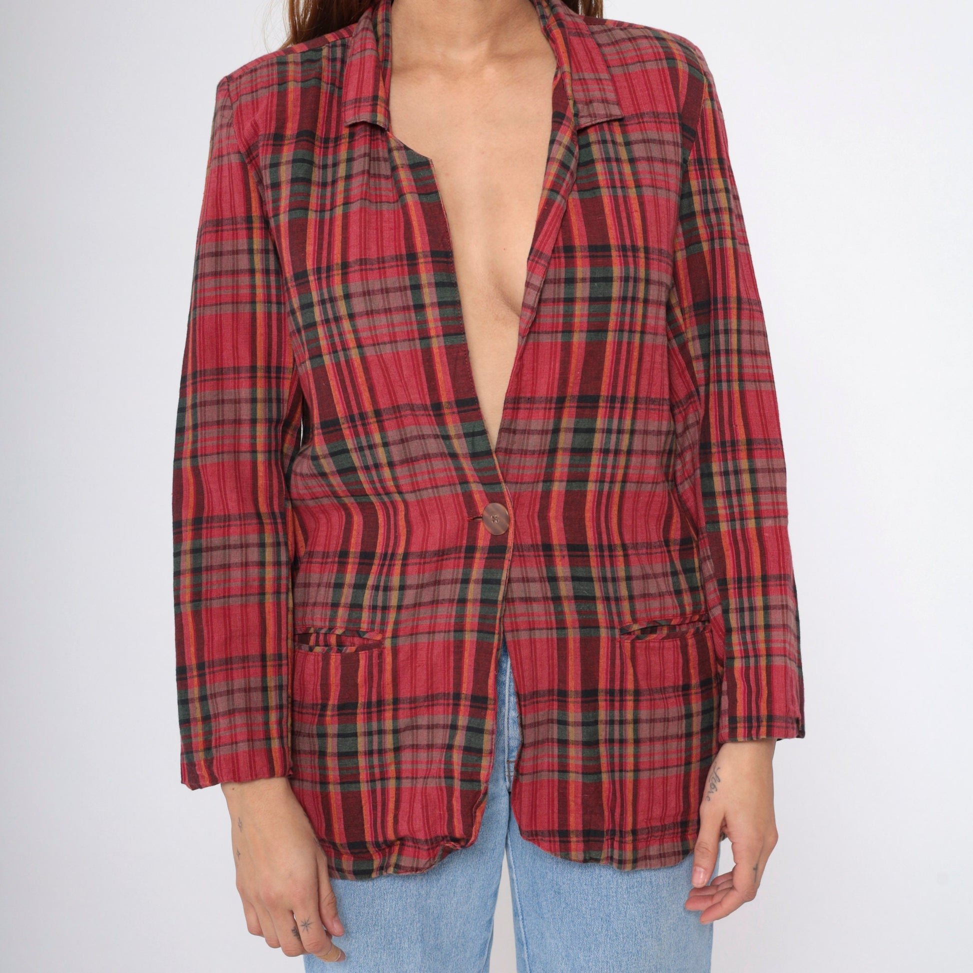 90s Red Plaid Cotton Blazer Deep V Neck Button Up Small