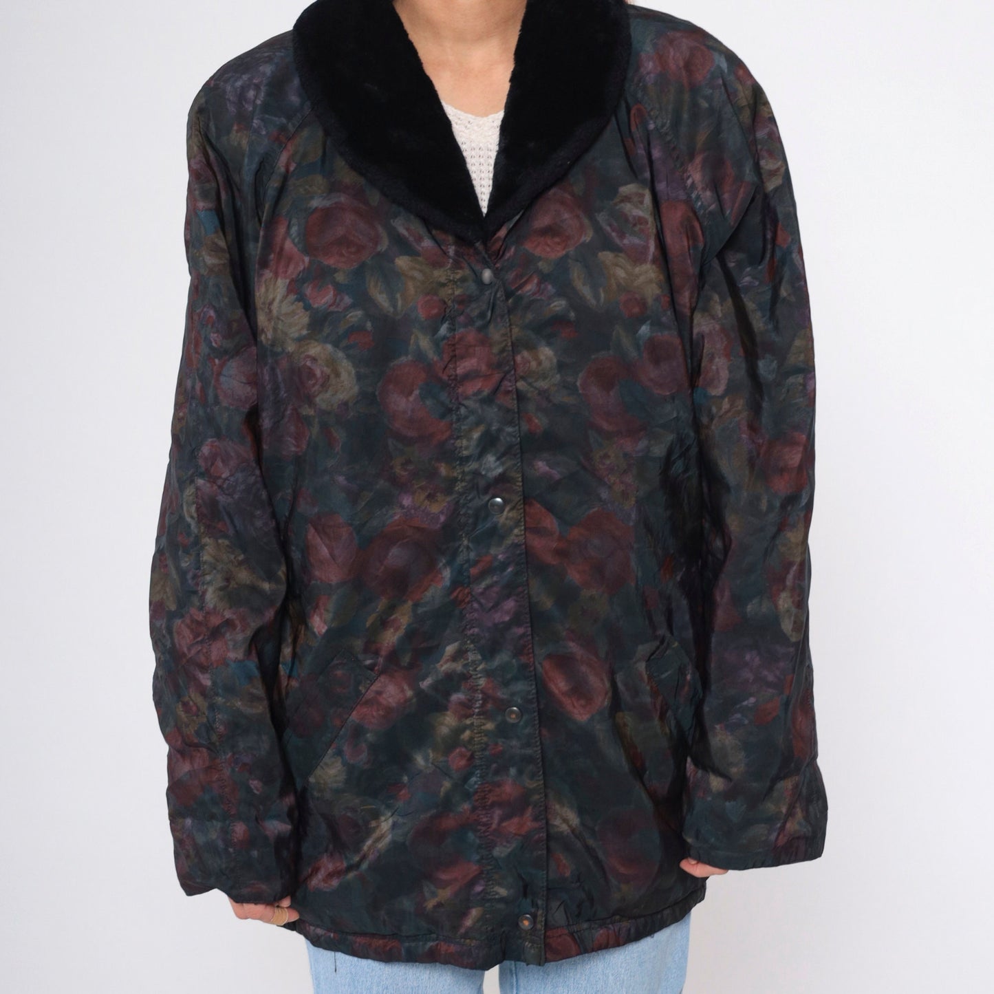 90s Aeros Puffer Jacket Floral Print Faux Fur Collar Windbreaker Large L