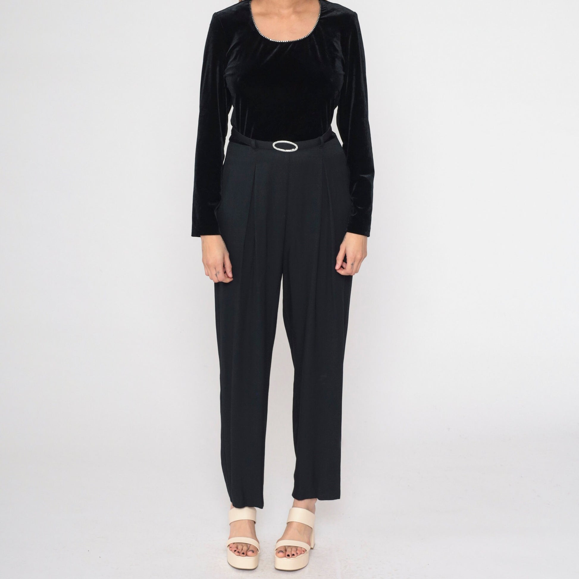 90s Black Velvet Jumpsuit Rhinestone Scoop Neck Tapered Long Sleeve Medium