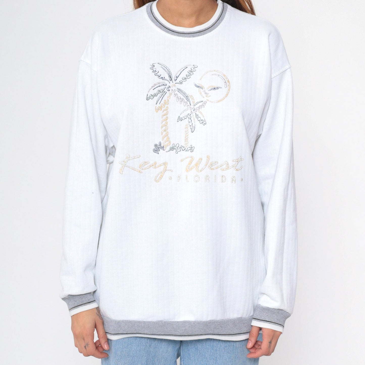 90s Key West Florida Sweatshirt White Graphic Beach Palm Ringer Large L