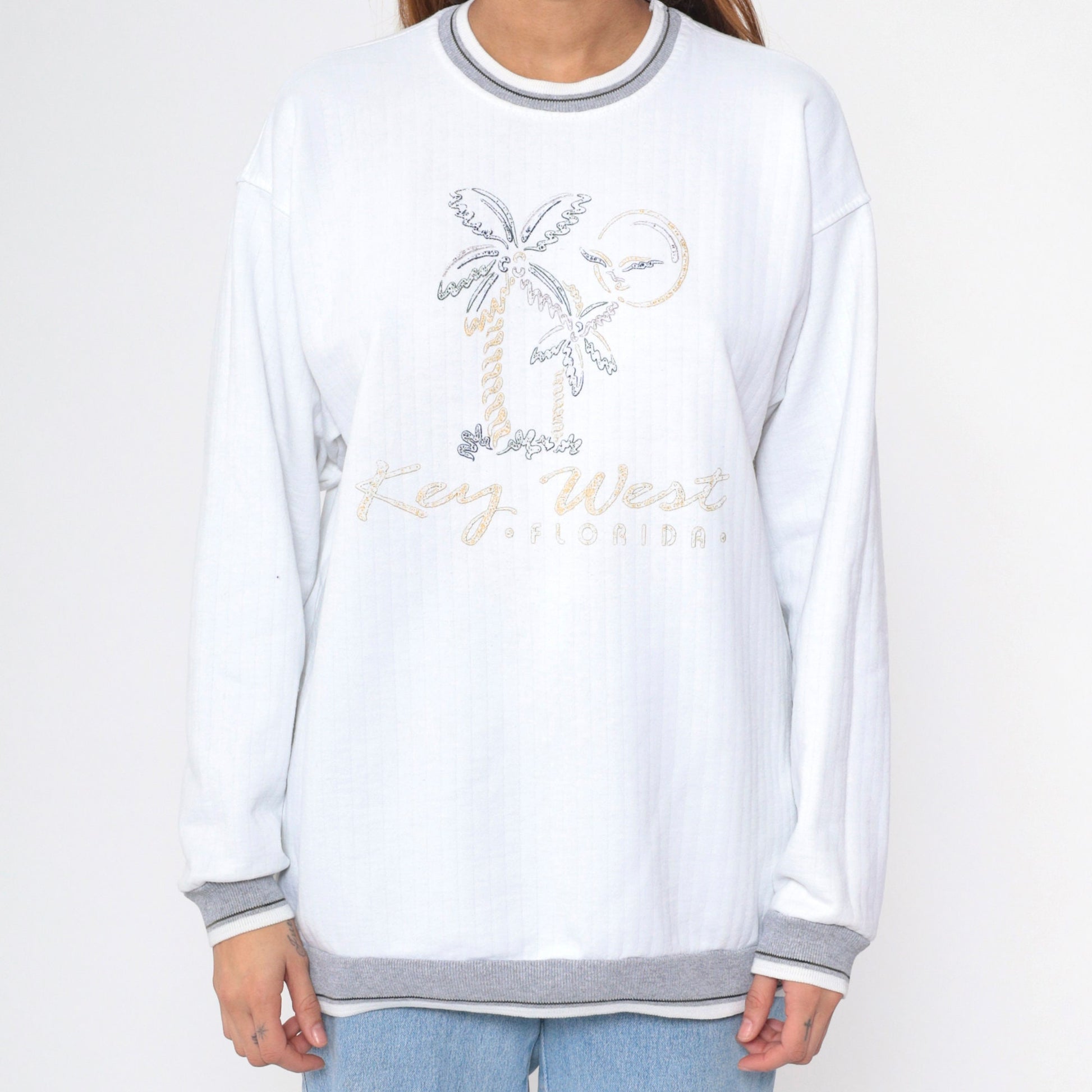 90s Key West Florida Sweatshirt White Graphic Beach Palm Ringer Large L