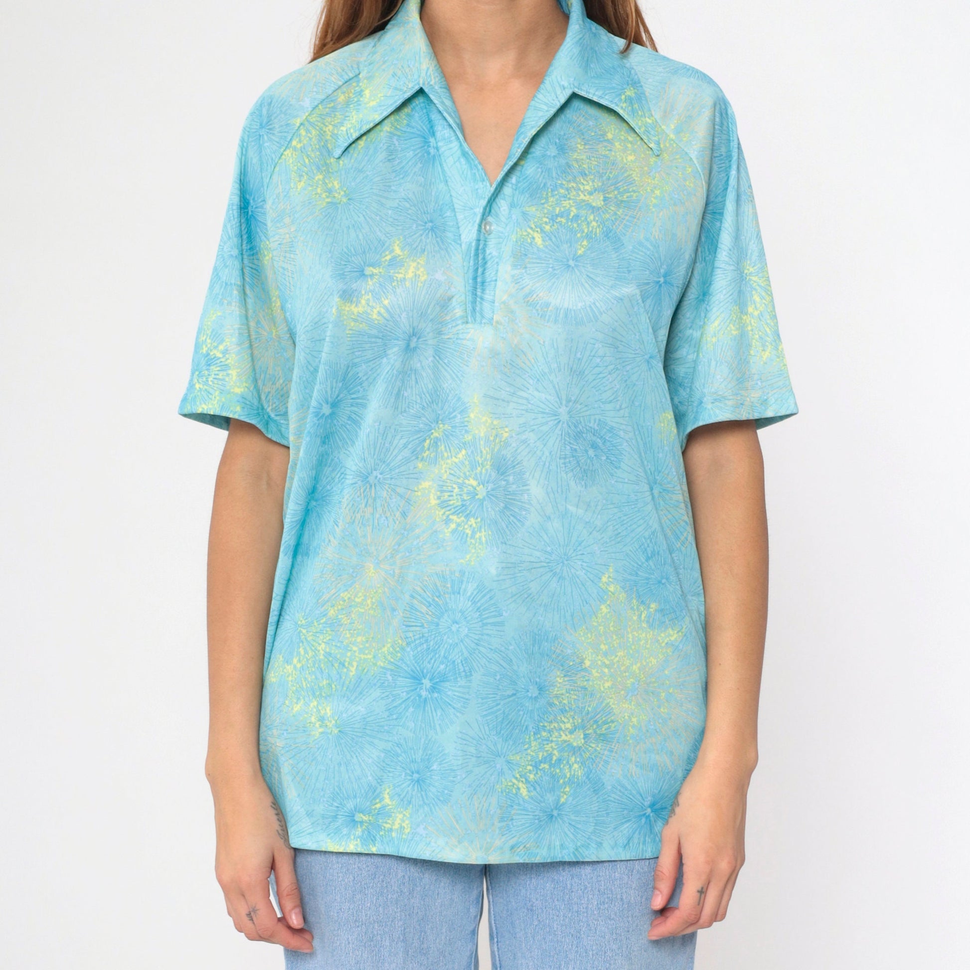 70s Lilly Dasche Blue Dandelion Floral Button-Up Shirt Raglan Large L