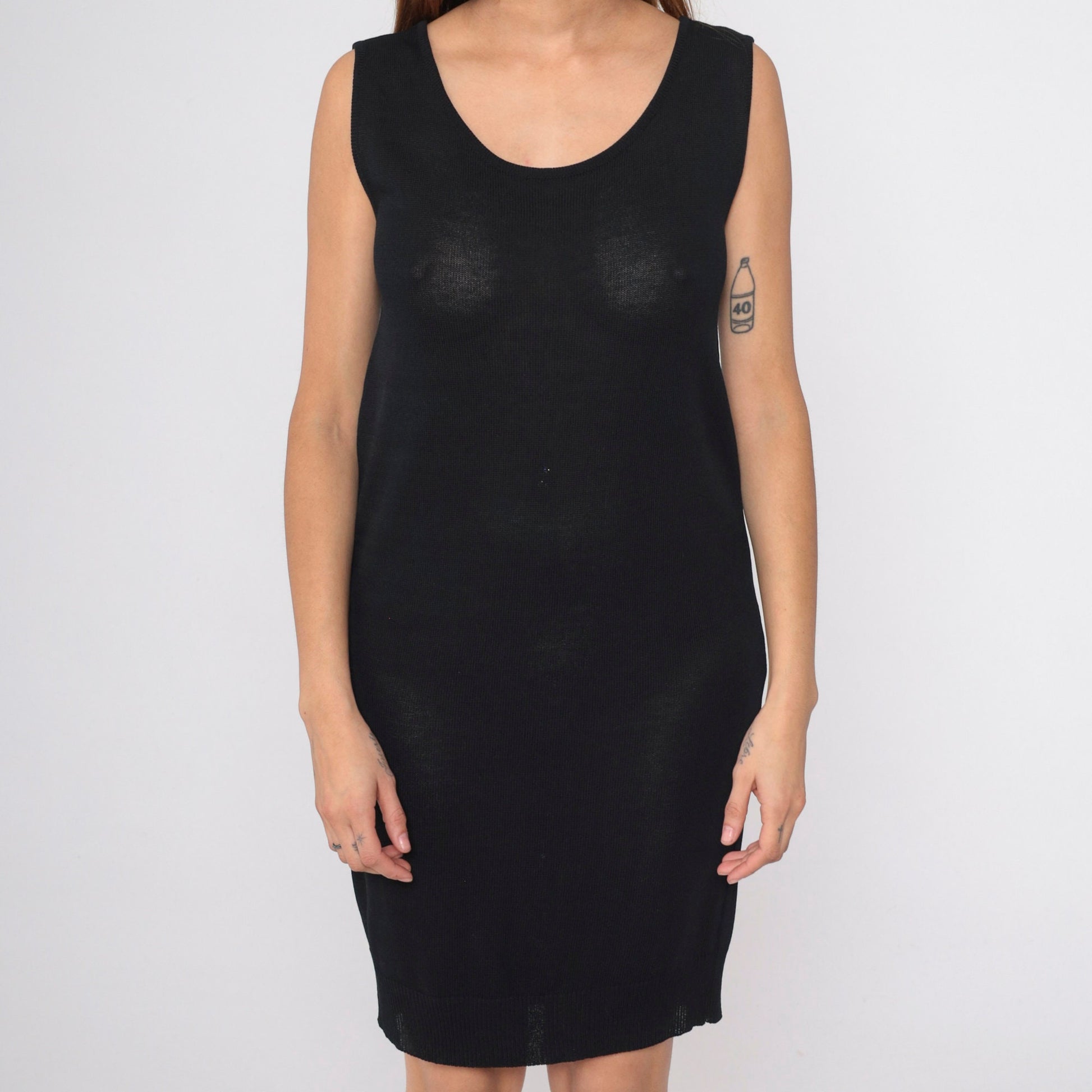 90s Donna Karan Black Knit Mini Dress Semi-Sheer Sleeveless Shift Medium