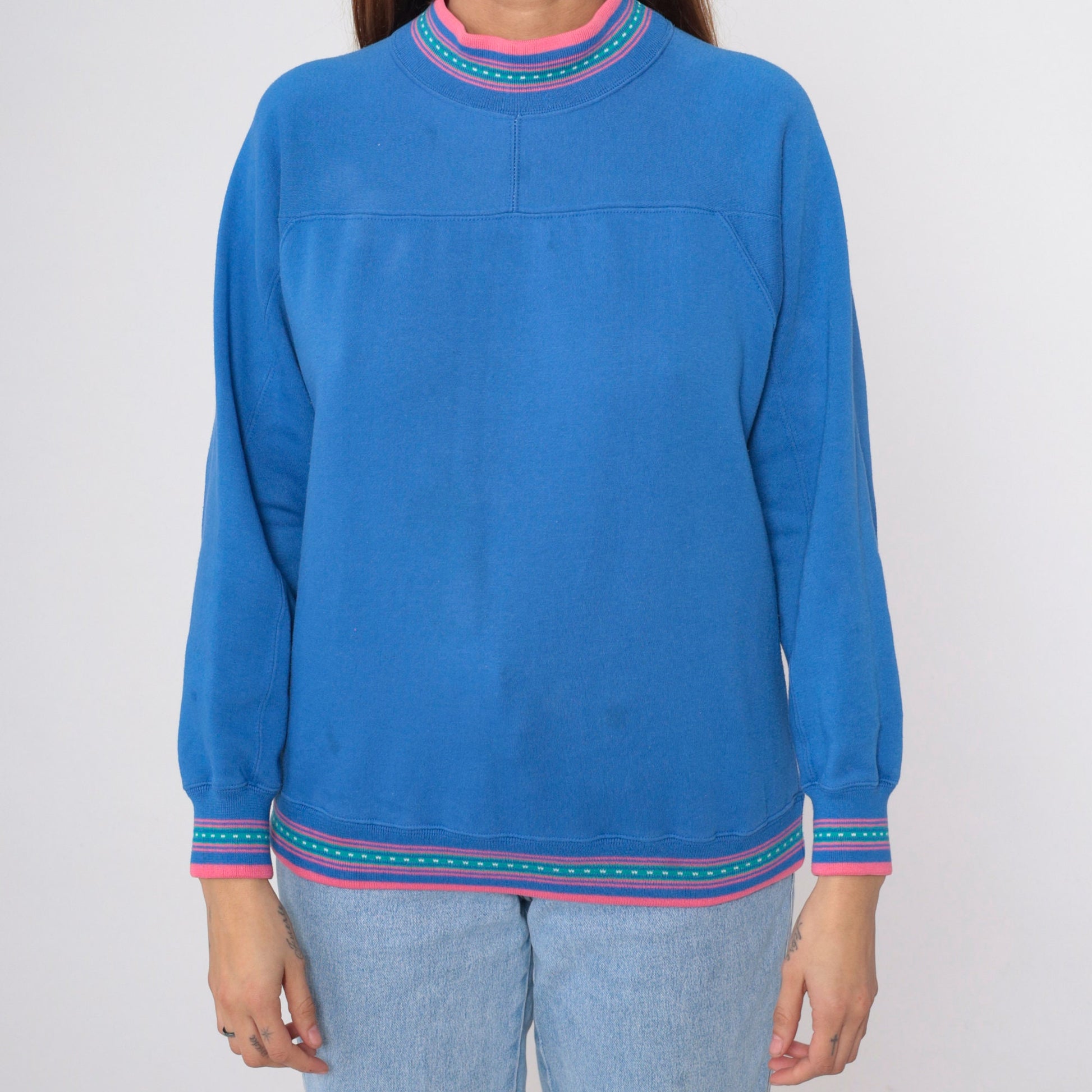 90s Blue Mock Neck Sweatshirt Pink Ringer Trim Small