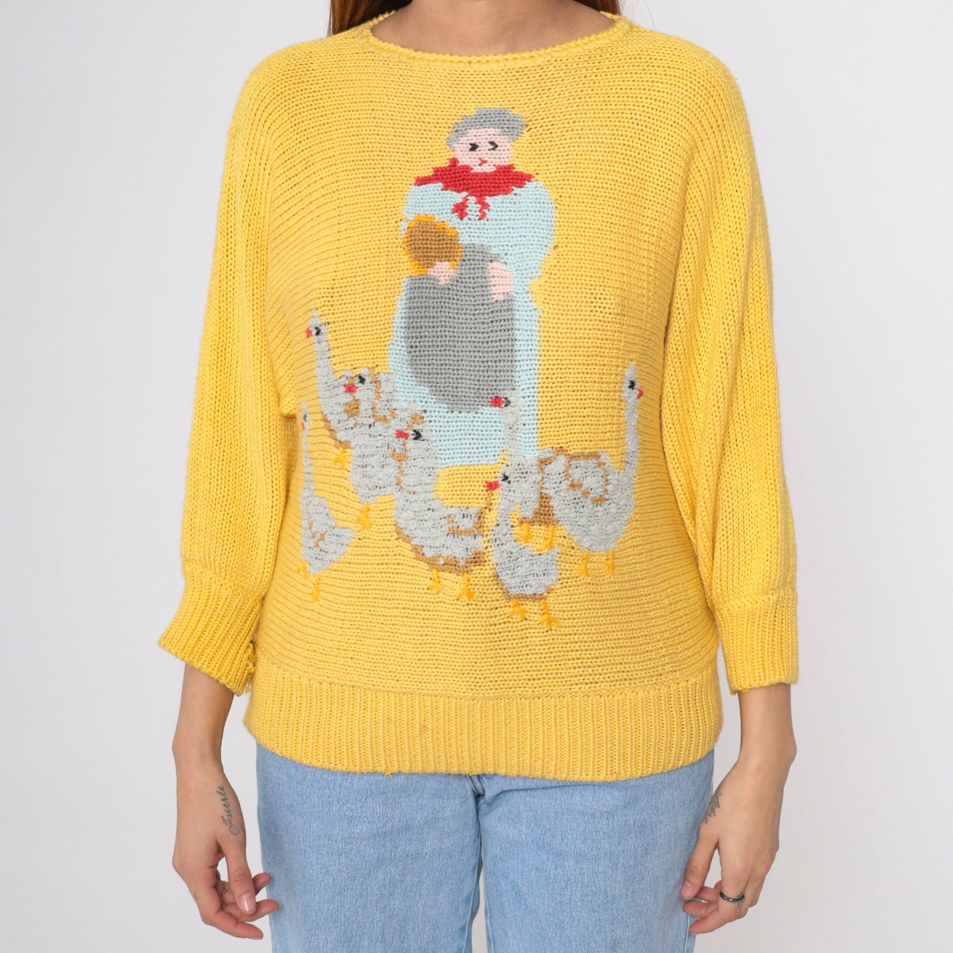 80s Mother Goose Farm Animal Yellow Dolman Sweater Novelty Knit Small