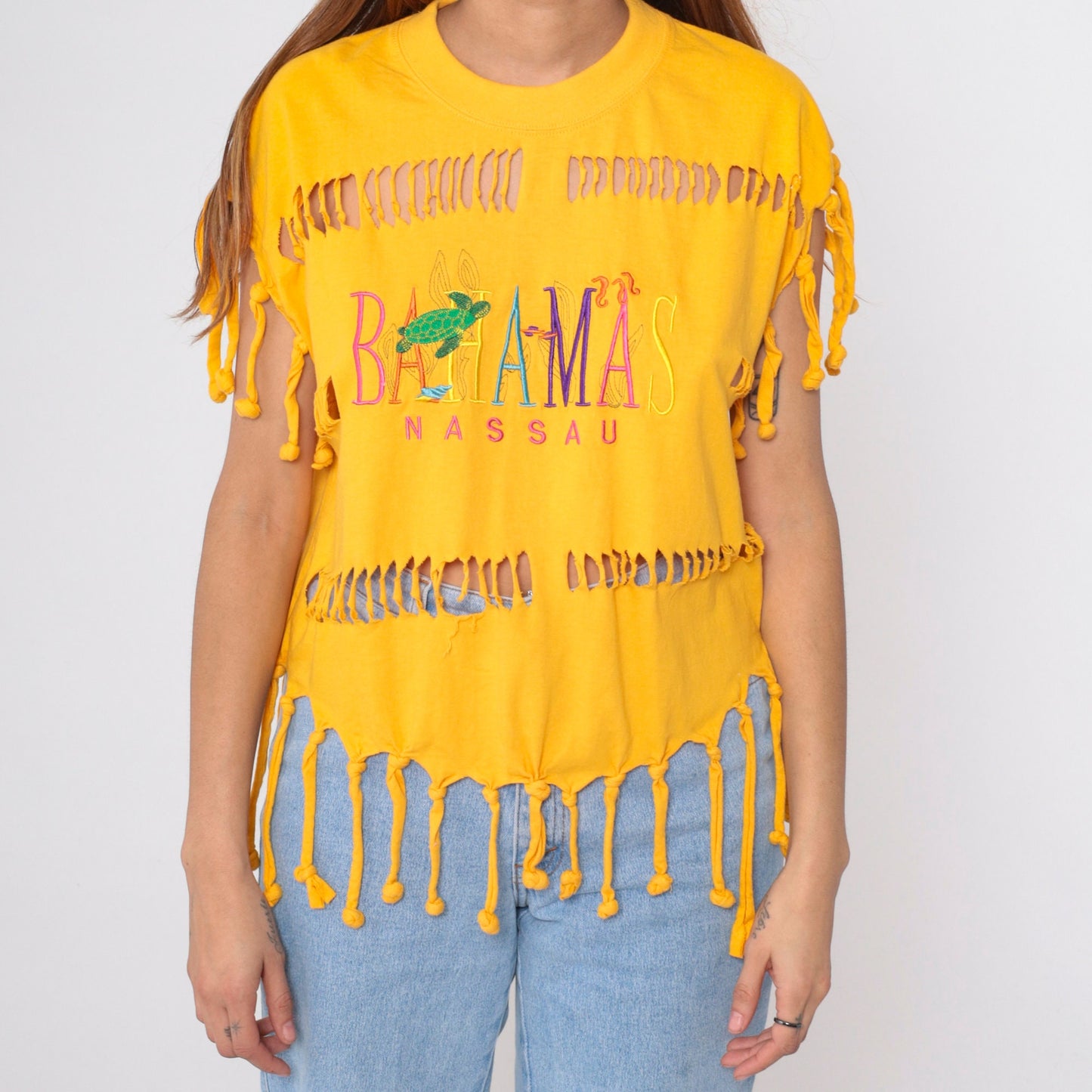 90s Bahamas Nassau Turtle Cutout T-Shirt Yellow Graphic Tee Medium