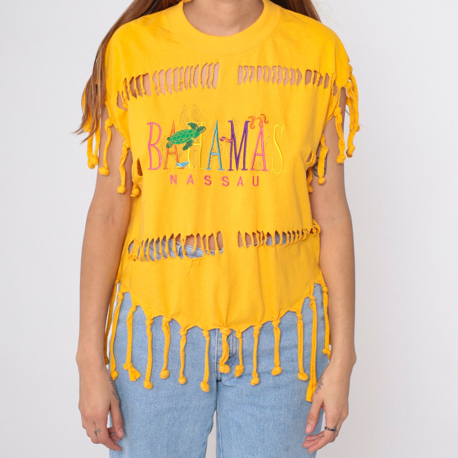 90s Bahamas Nassau Turtle Cutout T-Shirt Yellow Graphic Tee Medium